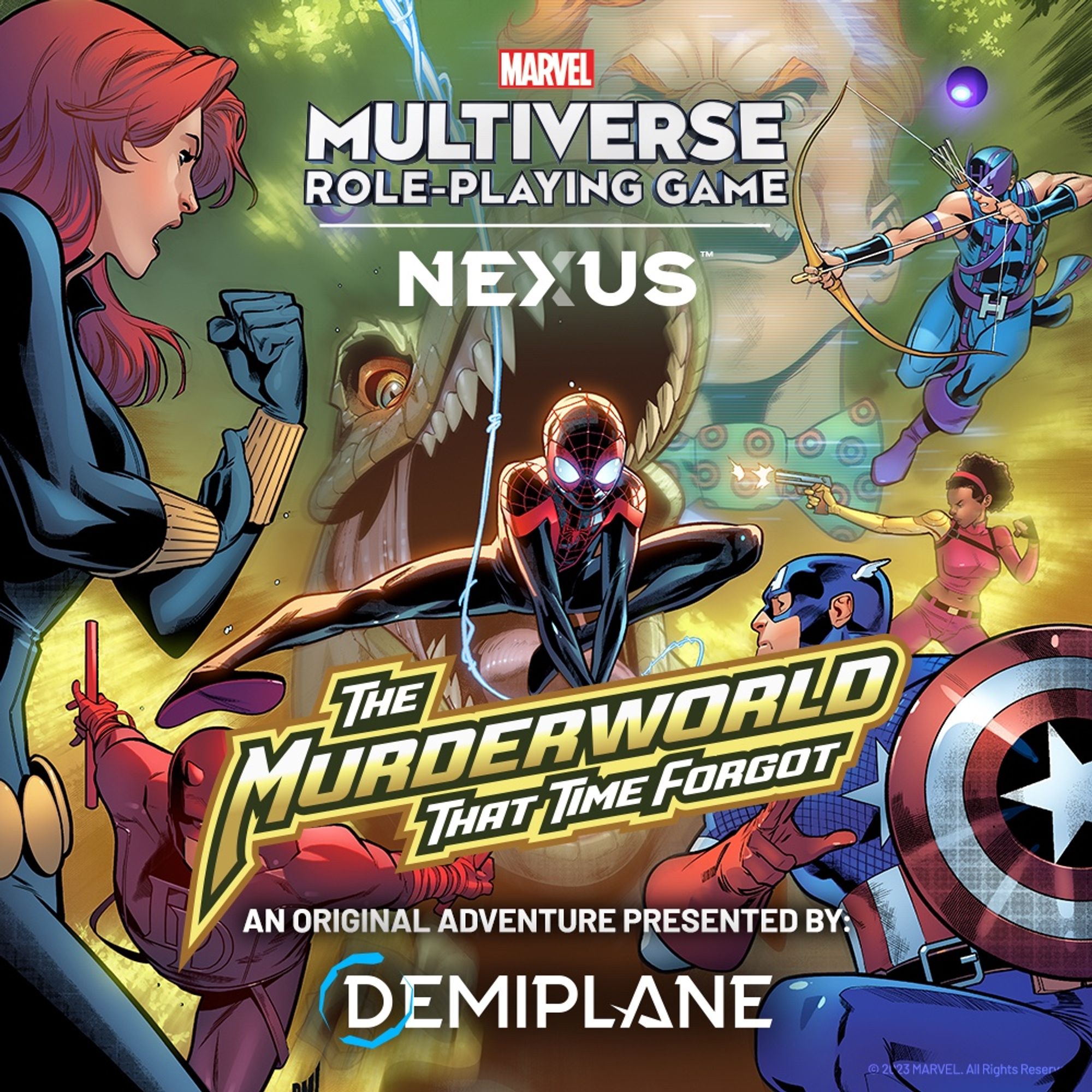 The beautiful comic cover for Murderworld That Time Forgot with Miles Morales, Captain America, and a GIANT T-REX!