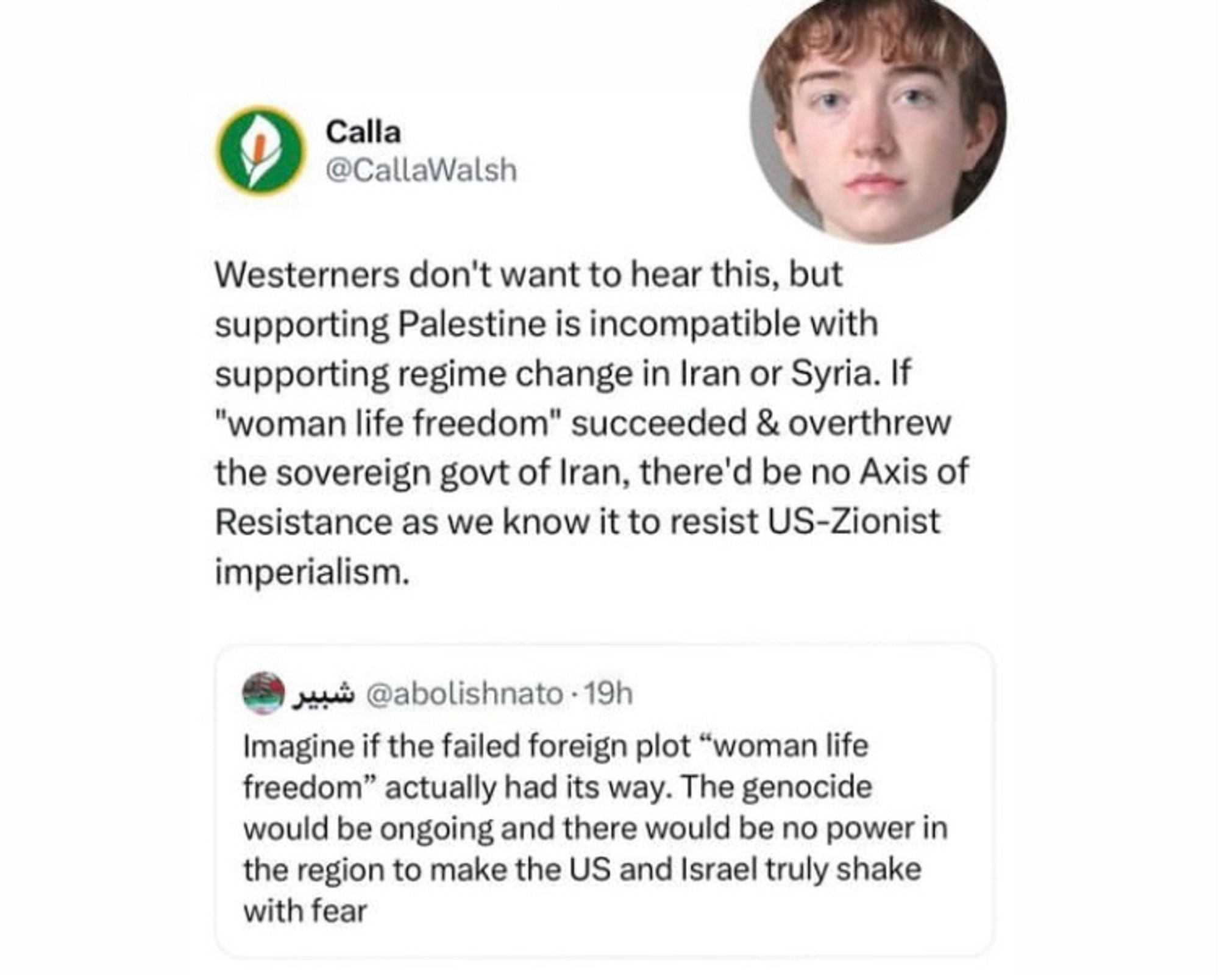 Insta Post von
Calla
@CallaWalsh
Westerners don't want to hear this, but supporting Palestine is incompatible with supporting regime change in Iran or Syria. If
"woman life freedom" succeeded & overthrew the sovereign govt of Iran, there'd be no Axis of Resistance as we know it to resist US-Zionist imperialism.

darunter ein Post von
@abolishnato • 19h
Imagine if the failed foreign plot "woman life freedom" actually had its way. The genocide would be ongoing and there would be no power in the region to make the US and Israel truly shake with fear