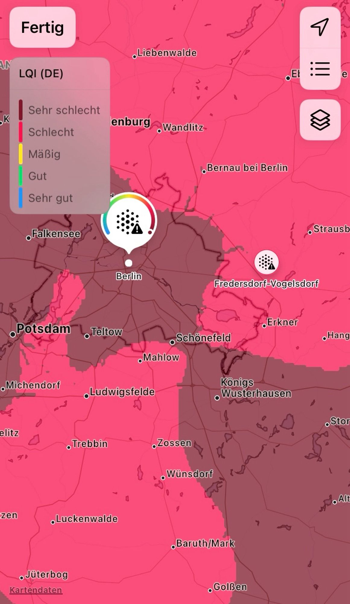 ein Screenshot der Luftqualität in Berlin-Brandenburg. die Luftqualität ist schlecht bis sehr schlecht.
