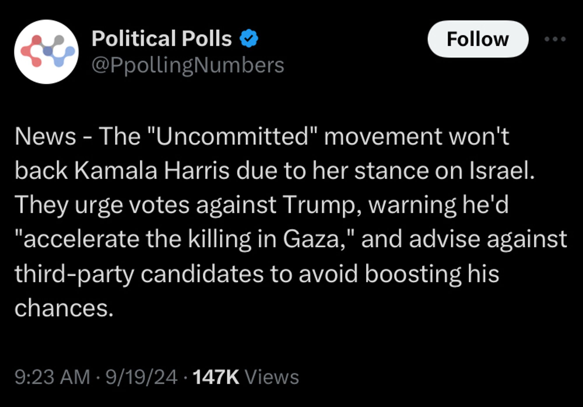 News - The "Uncommitted" movement won't back Kamala Harris due to her stance on Israel. They urge votes against Trump, warning he'd "accelerate the killing in Gaza," and advise against third-party candidates to avoid boosting his chances.