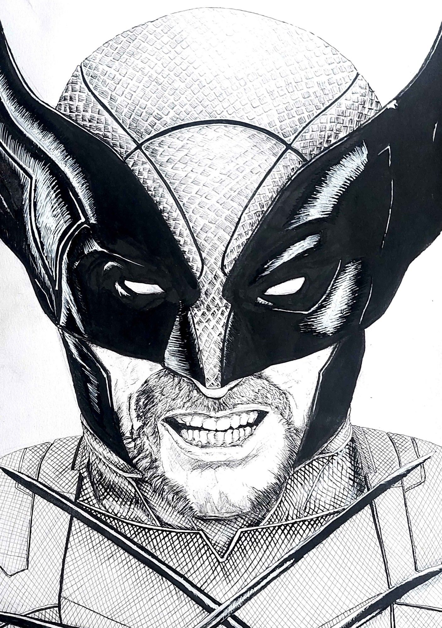 An inked drawing of Wolverine, with Hugh Jackman in the mask.