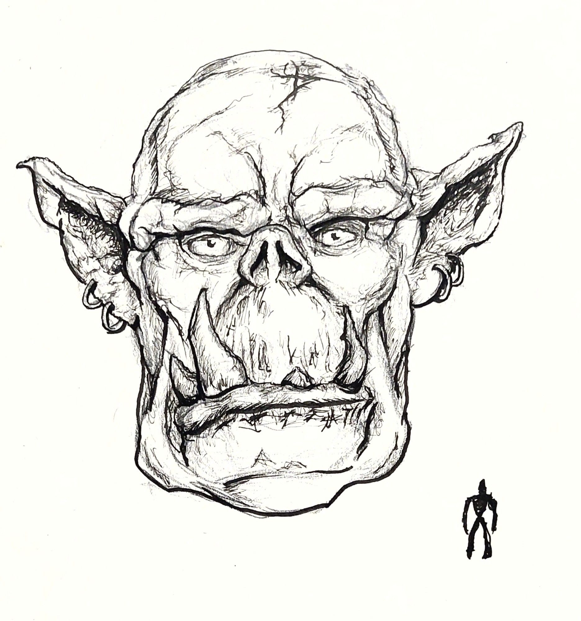 A pen drawing of an ork's head