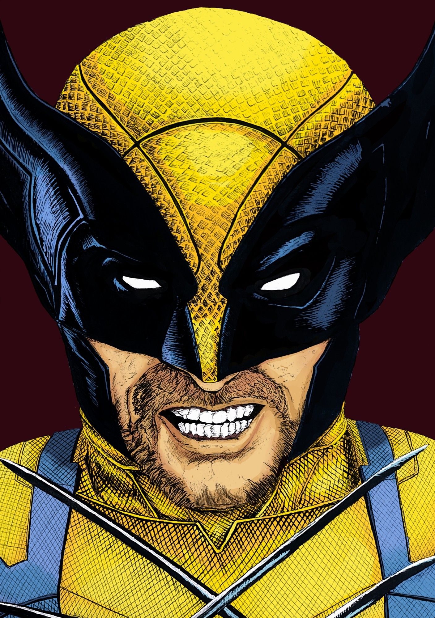 An inked and digitally coloured drawing of Wolverine, with Hugh Jackman in the mask.