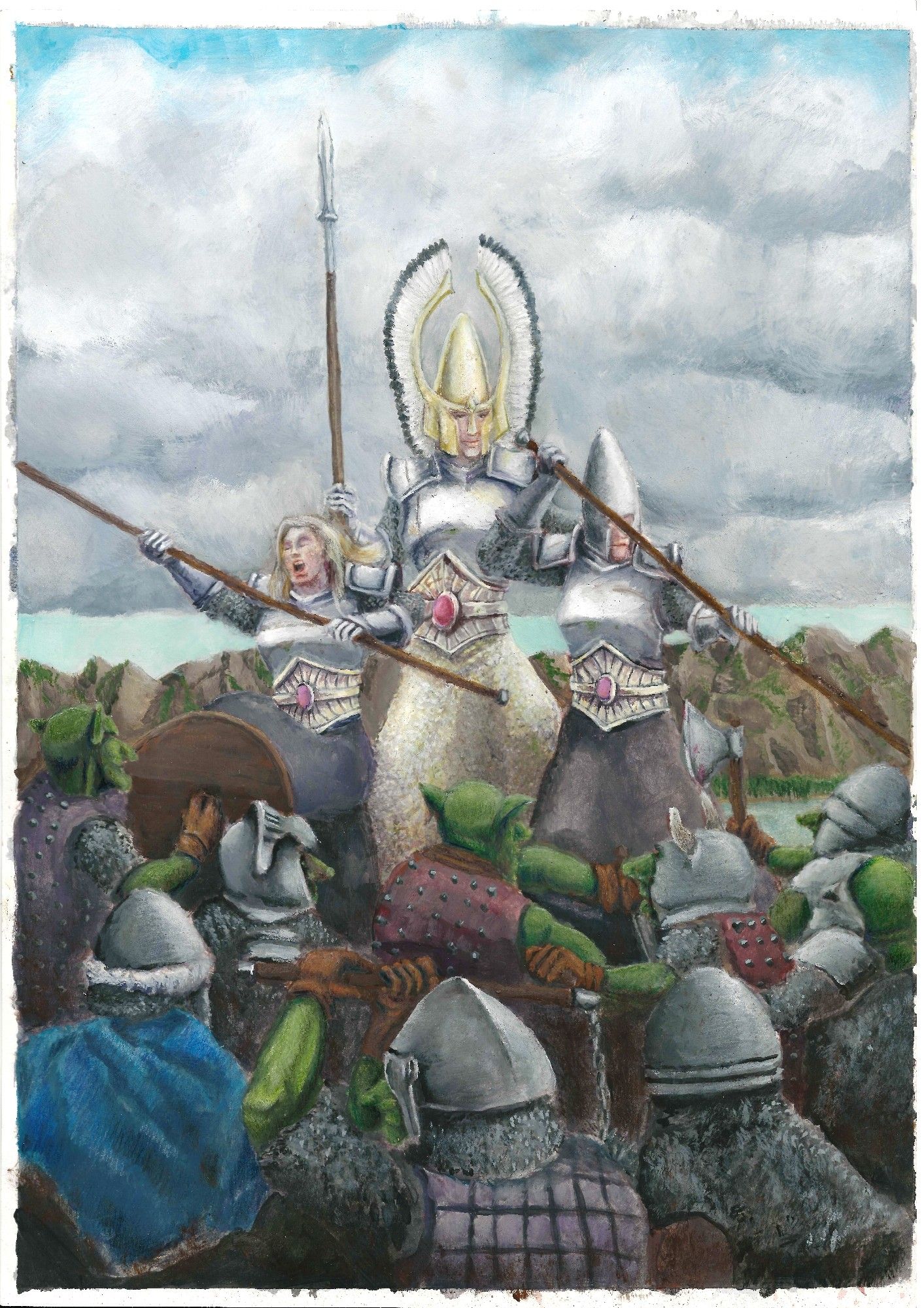 A painting of a group of elves (that look a lot like Warhammer High elves but aren't quite the same, honest) mounting a last stand against a horde of goblins.