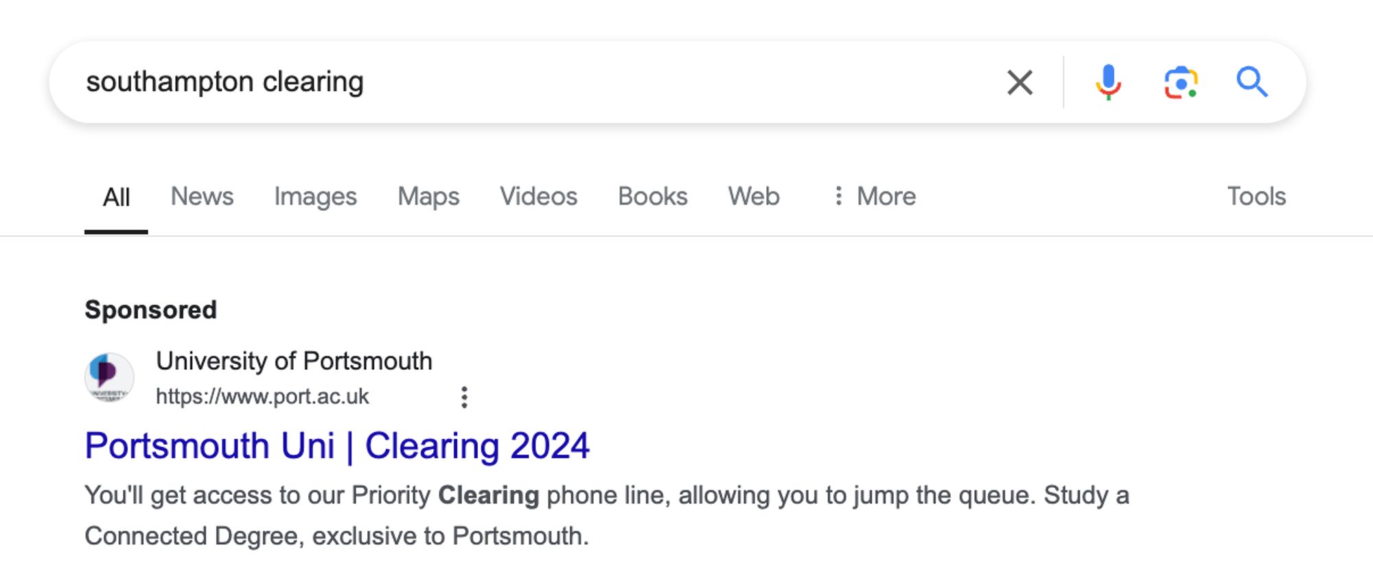 A screenshot of a google search for 'southampton clearing' which shows that the top sponsored result is for Portsmouth Uni clearing.