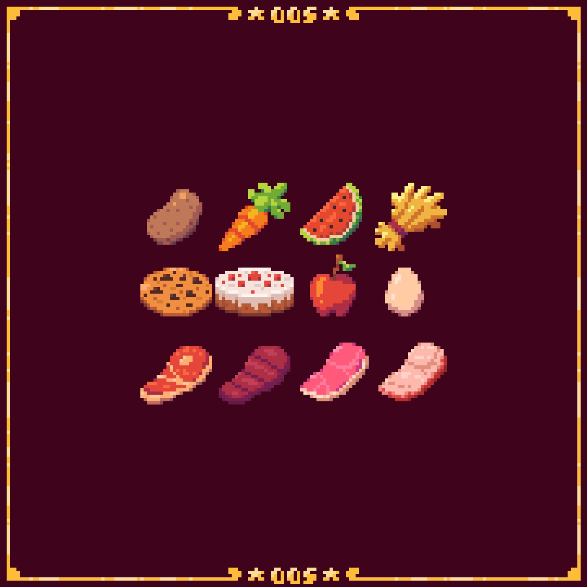 Pixelart de 12 comidas do minecraft, sendo estas(respectivamente da esquerda para direita): batata, cenoura, melancia, trigo, biscoito, bolo, maça, ovo, bife cru, bife assado, carne de porco crua, carne de porco assada.

uma assinatura de "005" nos cantos abaixo e acima da imagem