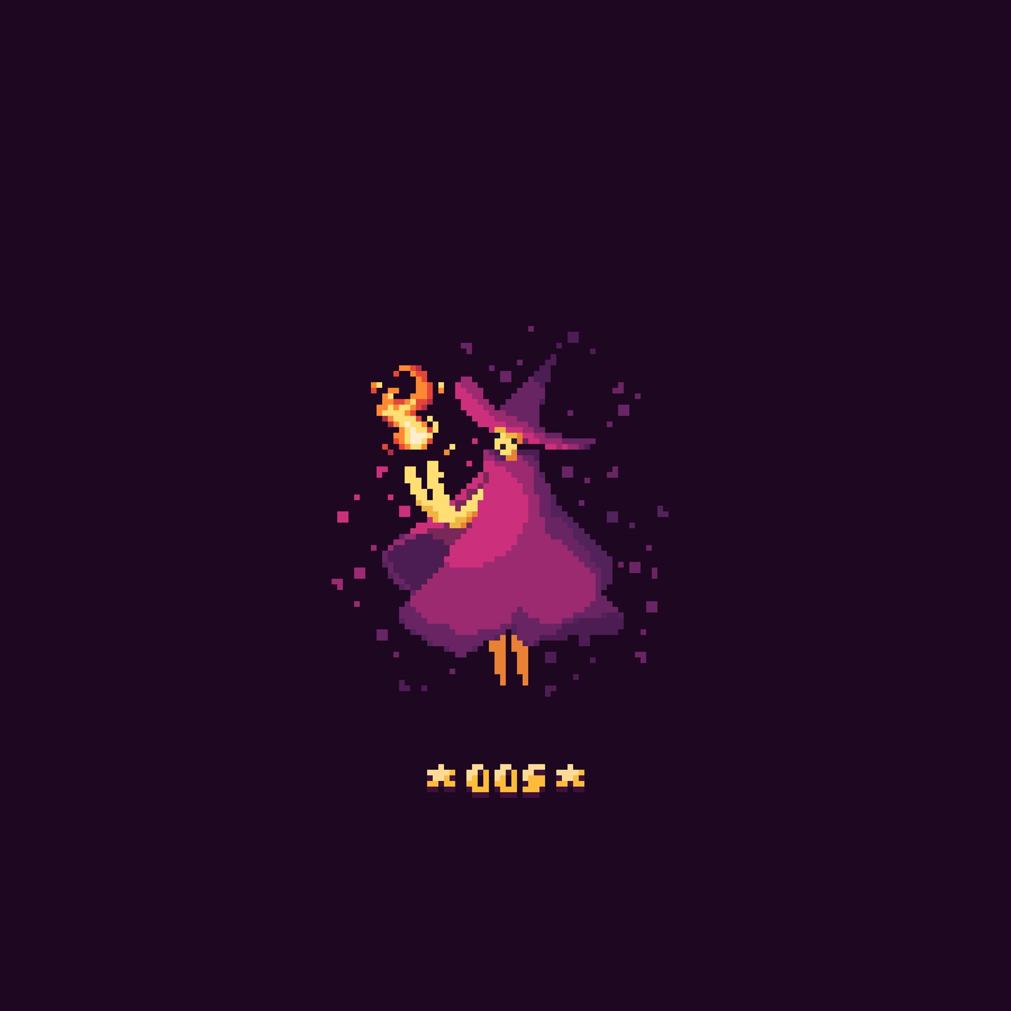 pixelart de uma bruxa segundando uma bola de fogo com partículas em sua volta nas cores roxo e magenta (mesmas cores que colorem sua roupa)

uma assinatura de "005" embaixo da personagem