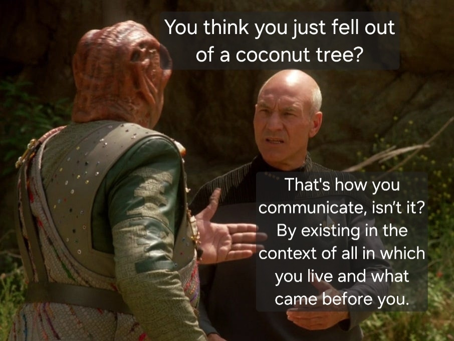 Dathon: "You think you just fell out of a coconut tree?"

Picard: "That's how you communicate, isn’t it? By existing in the context of all in which you live and what came before you."