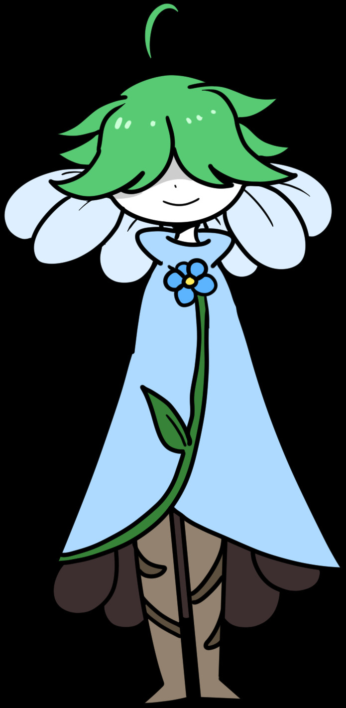 A flower fairy with a blue leaf for a cape and green leaf-like hair. Anastia.