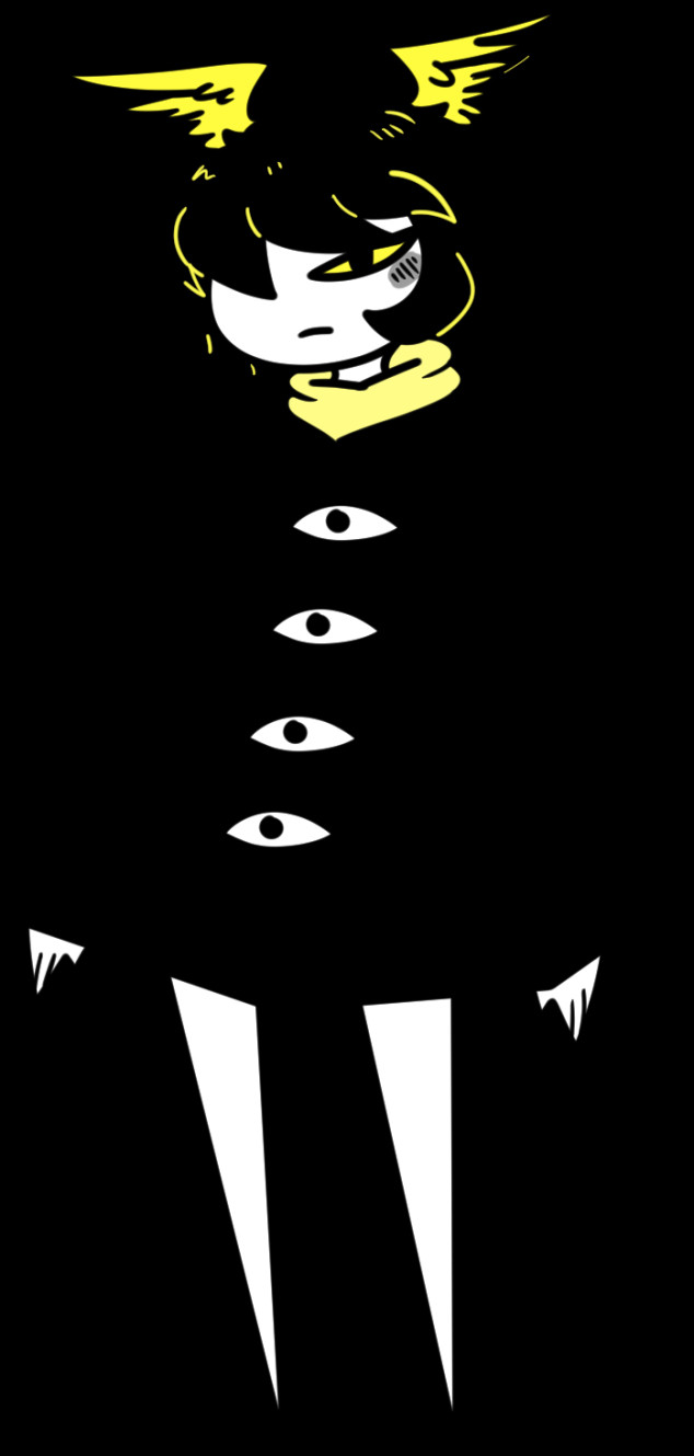 A tall humanoid with a black cloak/jacket with eyes in a horizontal placement in the middle. They have yellow eyes, yellow scarf, and two winglets on their head. Kitsu.