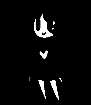 Image of a black/white humanoid with blank smiling face, black cloak, black wings, and a white heart in the middle, also known as Mia