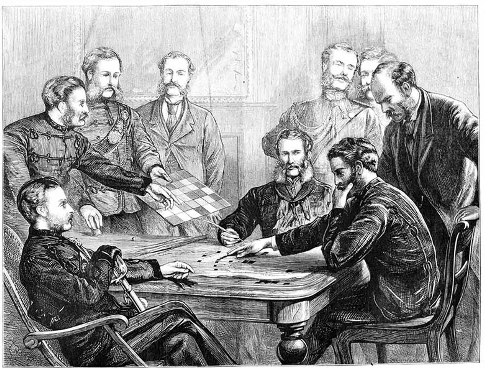 A drawing of distinguished-looking European men sitting at a table playing a game. The art style and fashion suggest the 19th century. If you look closely, you will notice one bearded man pointing at a formation of tiny wooden rectangles. He appears deep in thought.