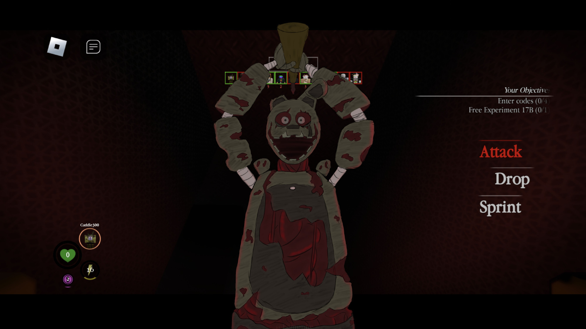 Springtrap from Five Nights at Freddy's 3 seen from the POV of a player in Pillar Chase 2. Springtrap is lifting his axe above his head, smiling, in preparation to swing it back down on the player.