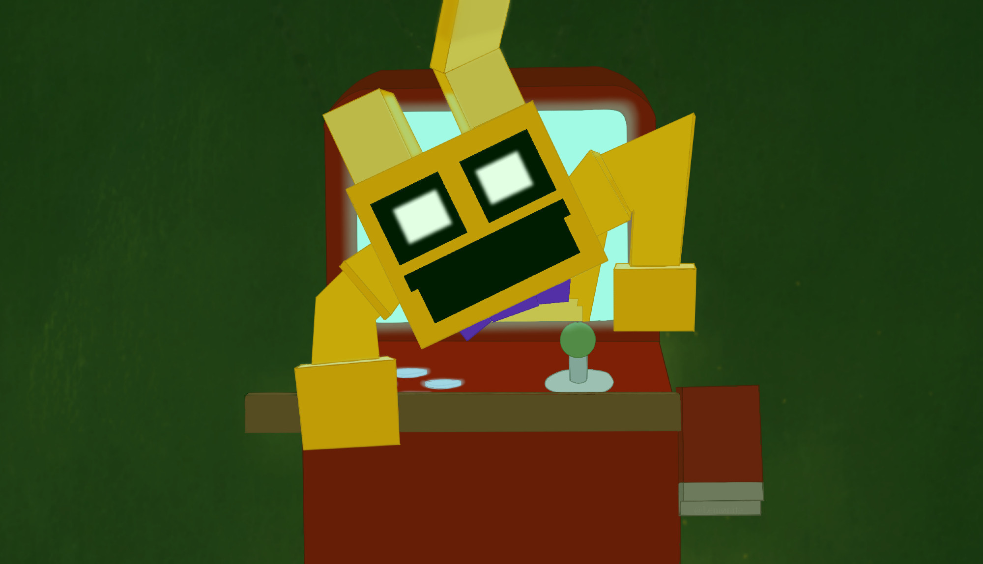 Pillar Chase 2's Pixelated skin for Springtrap from Five Nights at Freddy's 3 crawling out of a red arcade machine with an axe in hand whilst staring at the viewer. The background is a dark green.