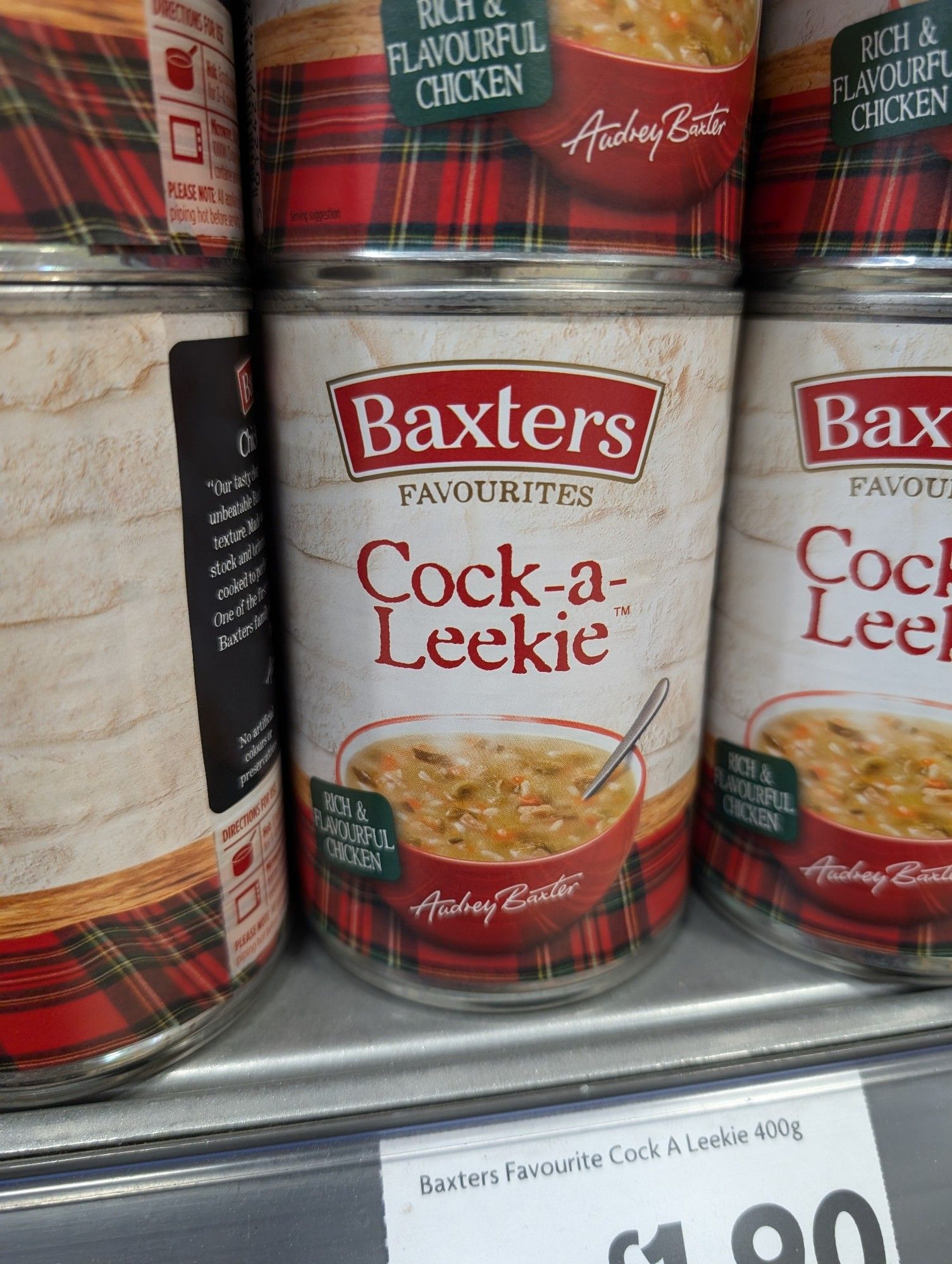 A tin of Baxter's "Cock-A-Leekie" soup.