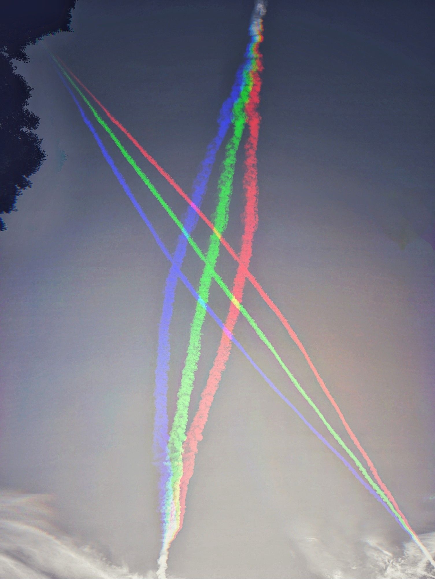 Day 4223 - RGB Trails
Contrails pulled into their base colors and otherwise black and white photo