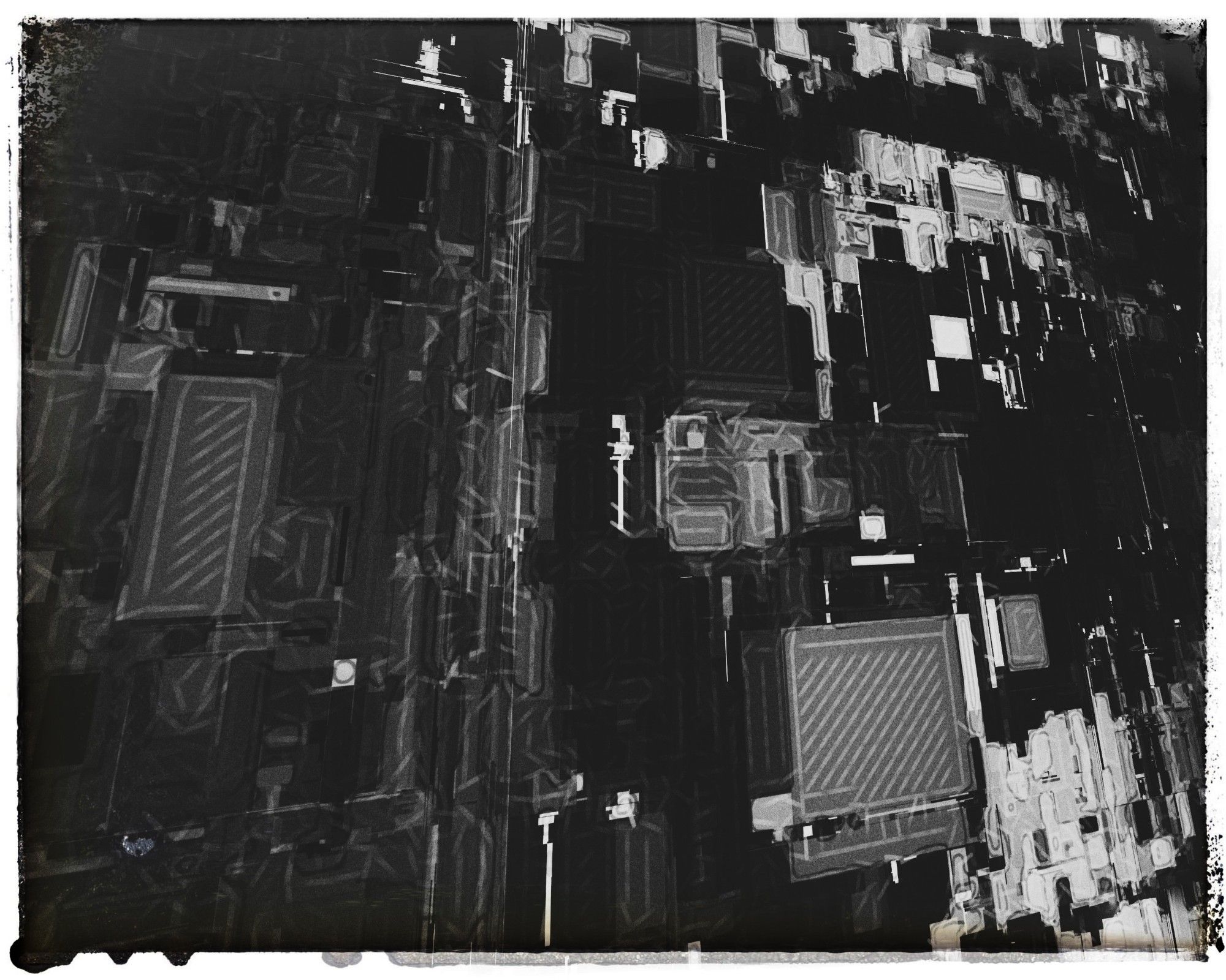 Day 4217 - Interrupt 
Black and white noise boxes Gates cityscape I don't know it's just a black and white like a circuit board but fake