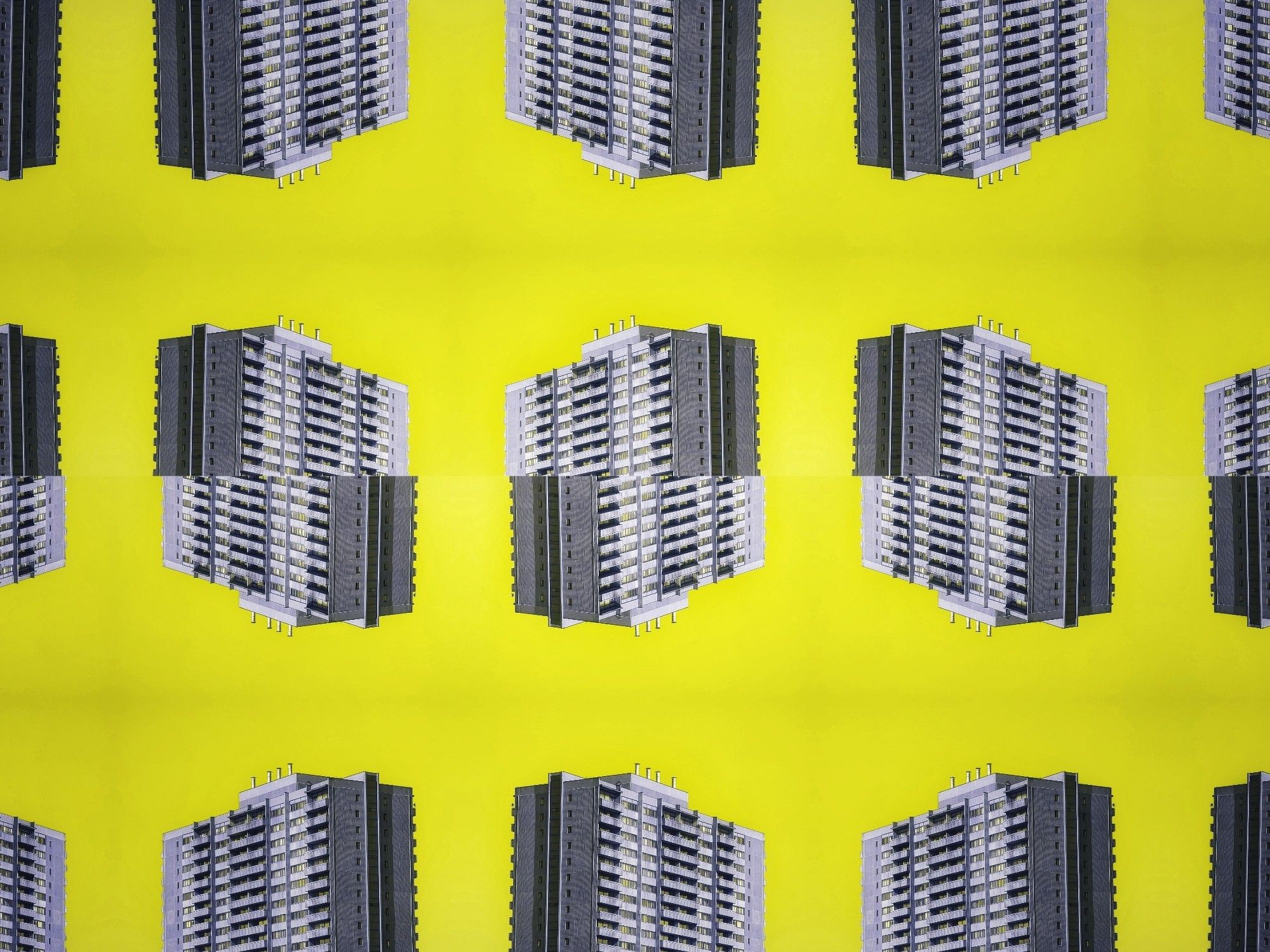 Day 4213 - No Name Housing
Black and white halves of apartment buildings stacked on each other on a yellow background