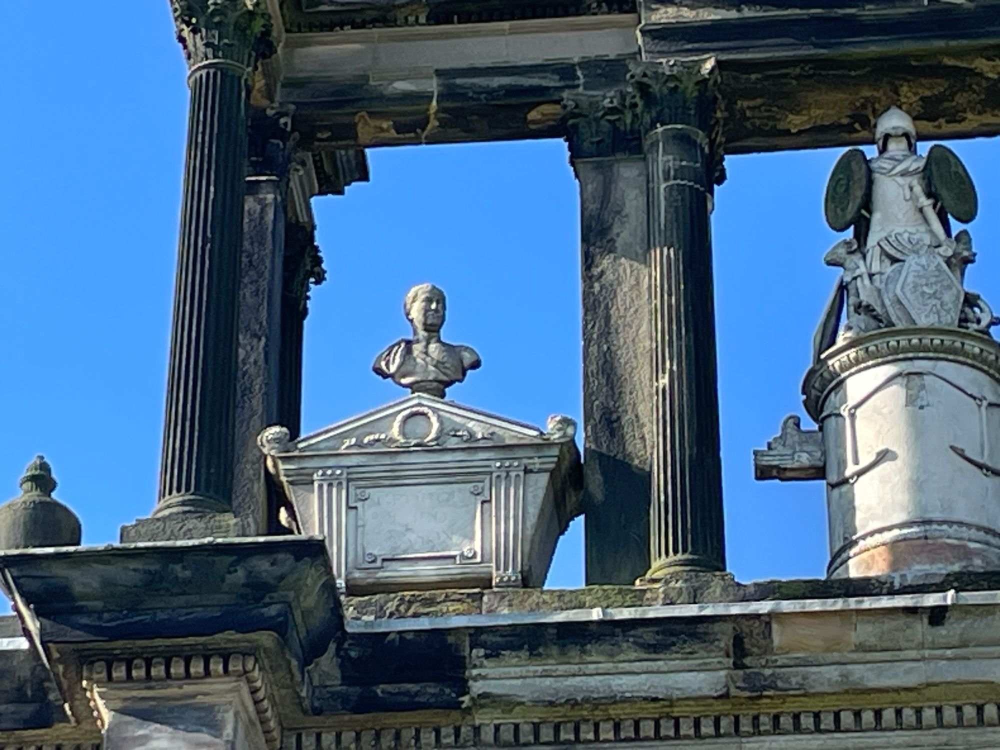 Close-up of Admiral George Anson’s bust, set within the upper part of Hadrian’s Arch. Anson was born at Shugborough and was buried in the parish church at nearby Colwich. When he died in 1762, the arch, then under construction, was remodelled as a memorial to him, his career, and his wife Elizabeth.