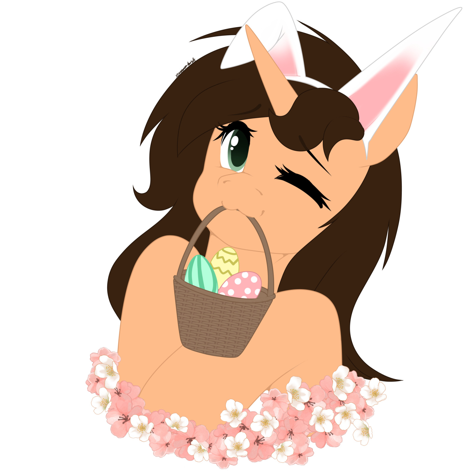 Finished YCH. Picture shows a pony original character with cream body and brown hair, holding a egg basket in its mouth.