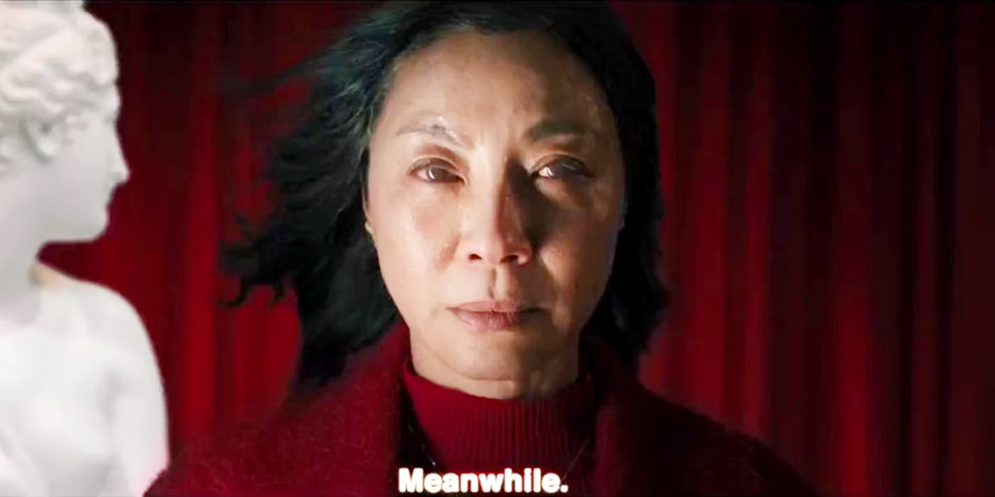 Michelle Yeoh saying "Meanwhile" in the red curtained Black Lodge.