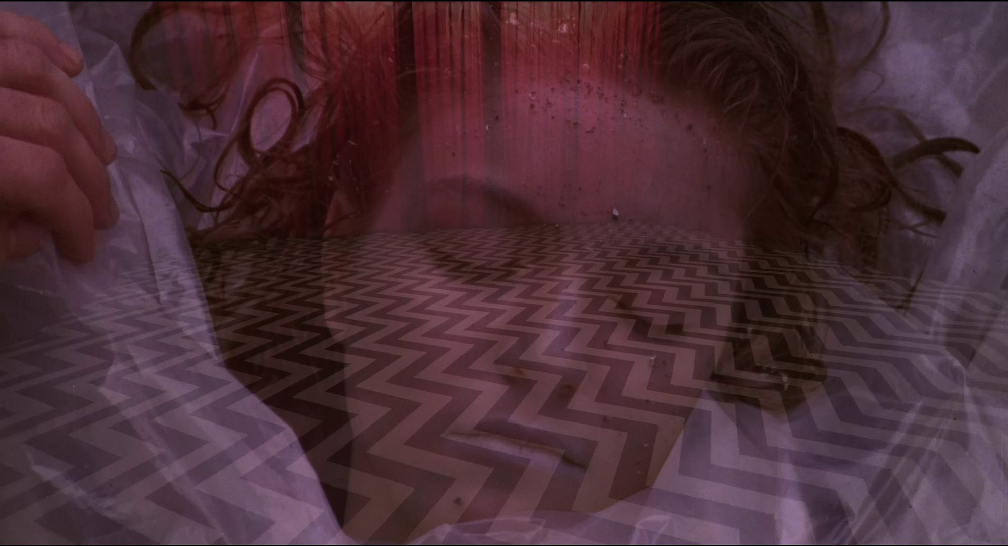 Laura Palmer being unwrapped from the plastic, superimposed on top of The Red Room/Black Lodge