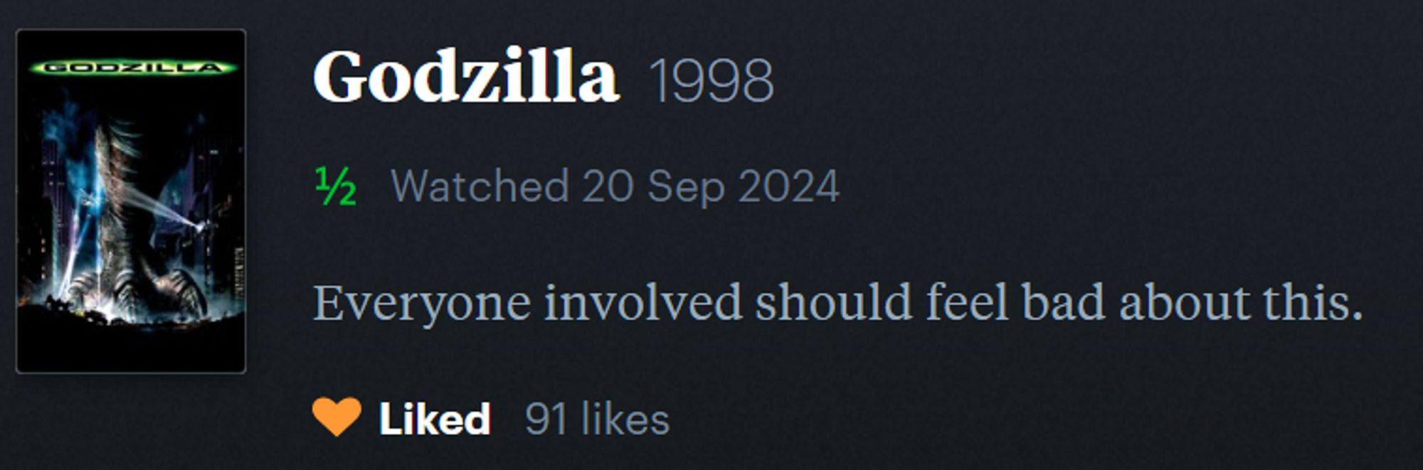 half-star review for Godzilla 1998
"Everyone involved should feel bad about this."