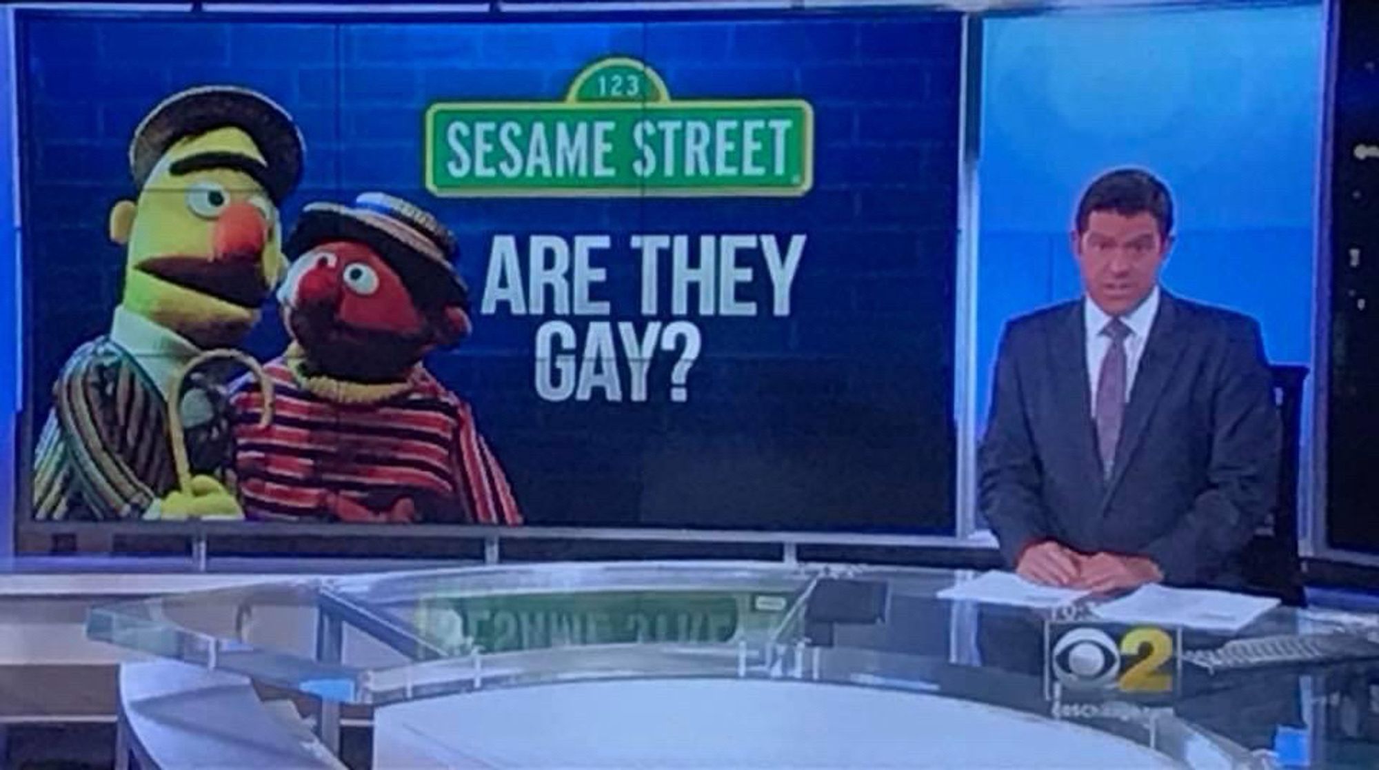 Screen shot of CBS2 Chicago news broadcast questioning Bert & Ernie’s sexuality.