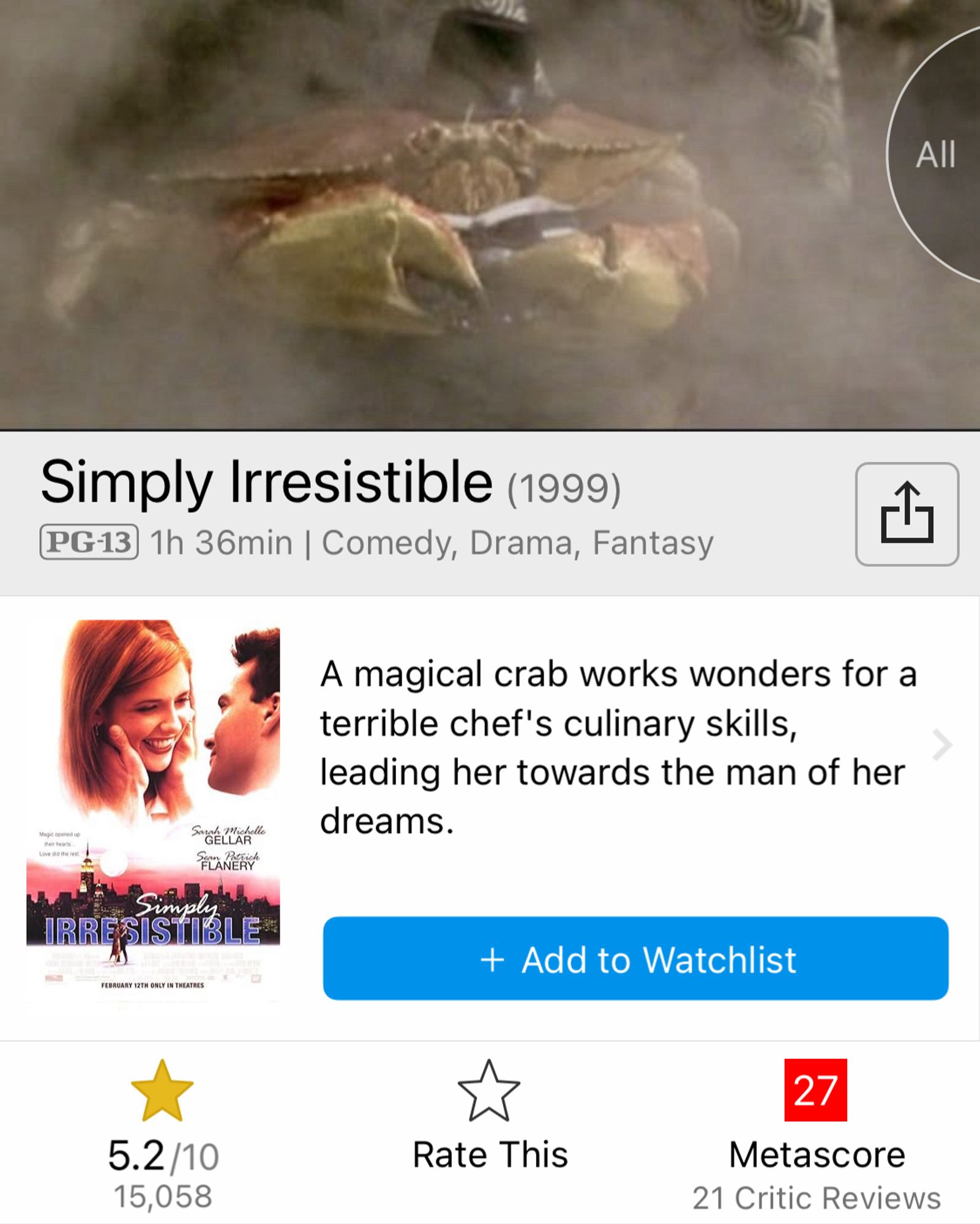 IMDB screenshot for Simply Irresistable (1999) PG-13 1 hr 36 min Comedy, Drama, Fantasy 

the movie still is a foggy photo of a… crab? 

the poster is Sarah Michelle Gellar smiling with some dude holding her face 

the summary text reads: A magical crab works wonders for a terrible chef's culinary skills, leading her towards the man of her dreams.