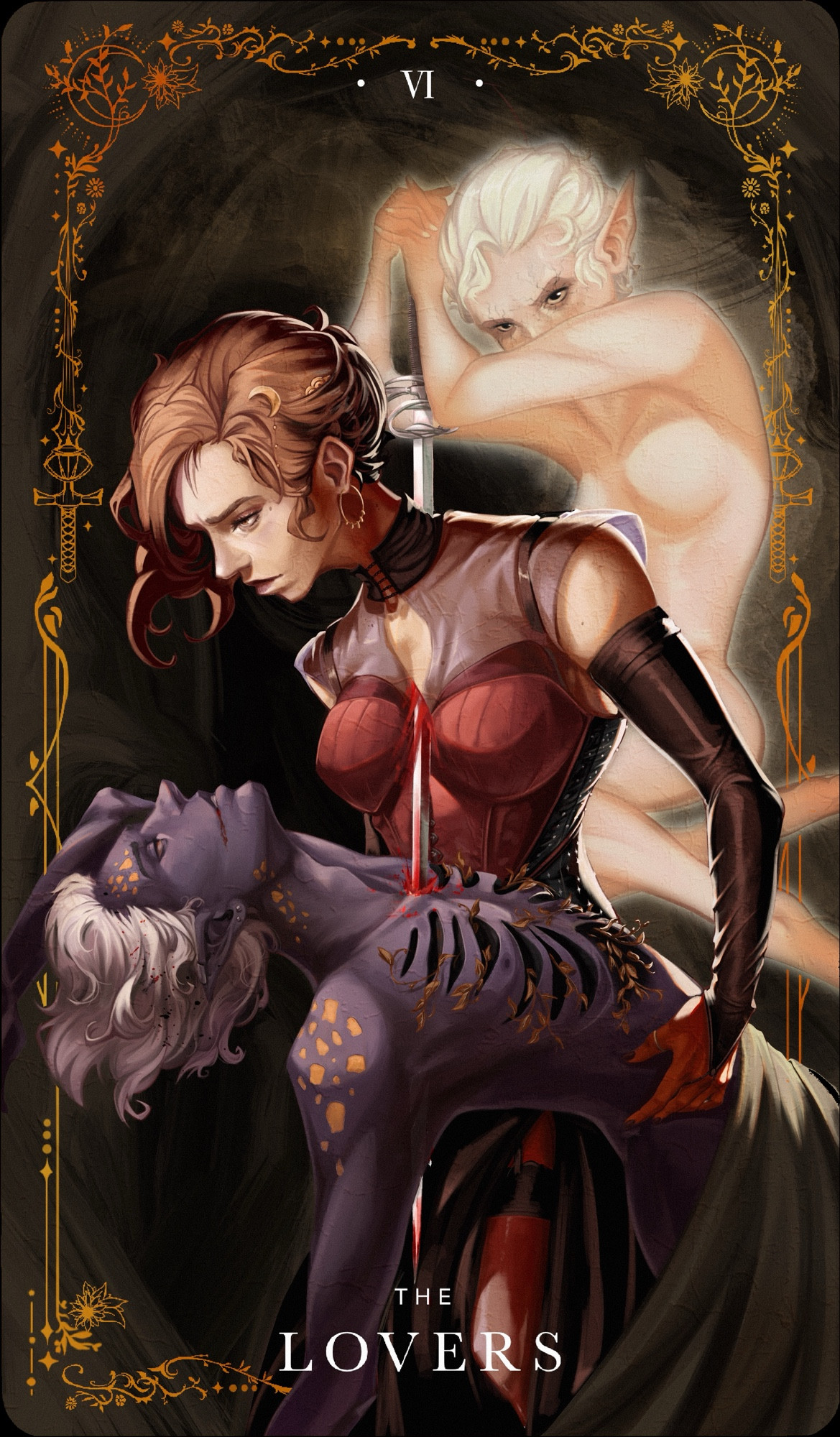 The tarot card “The lovers”. A human women hold a dead Drow in her arms while both of their chests are pierced by a sword wielded by a ghostly alternate version of herself. The painting style is reminiscent of old biblical renaissance artworks.