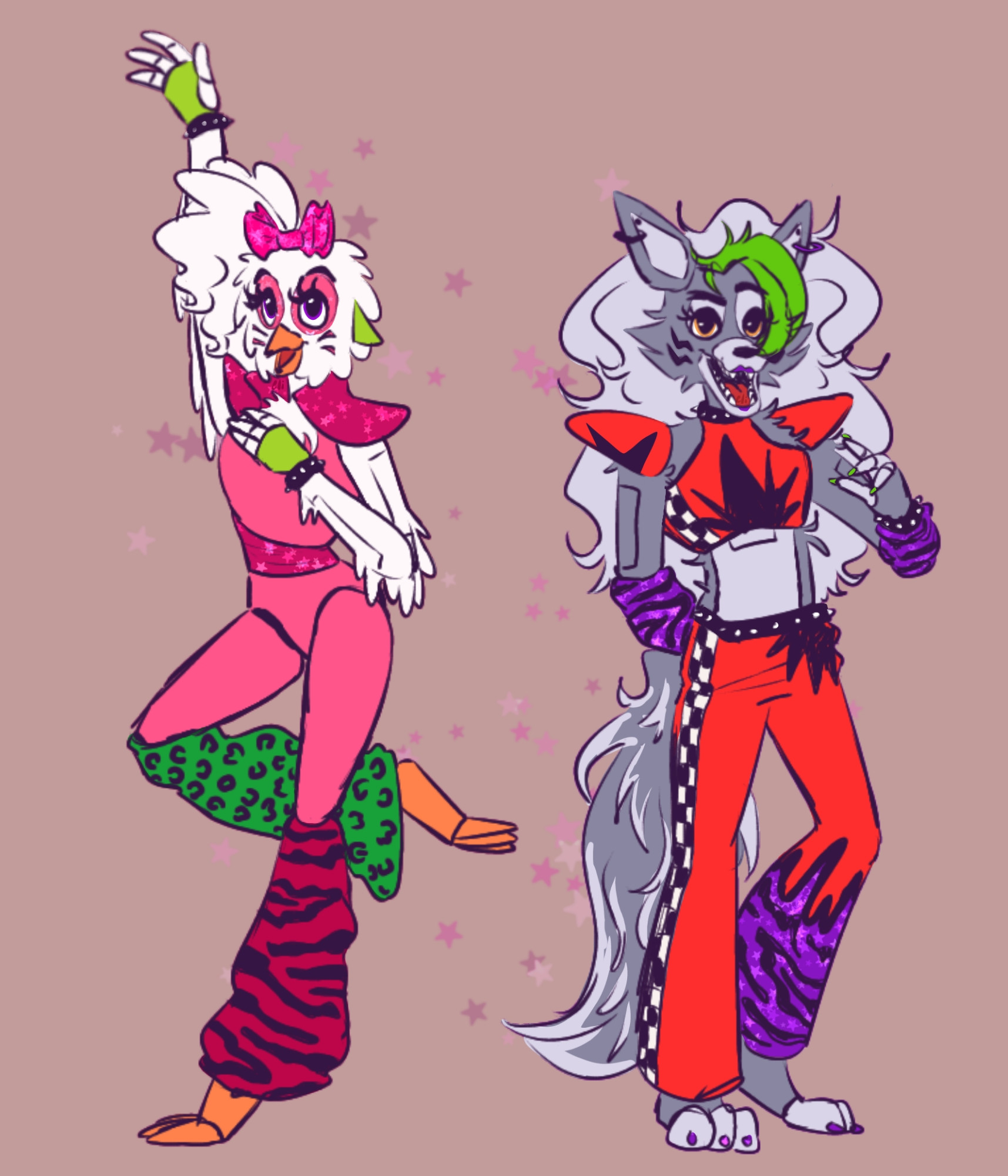 glamrock chica and roxanne wolf 🧁🤍🩷💚🎀 °°° 🐺🖤❤️💜🏁