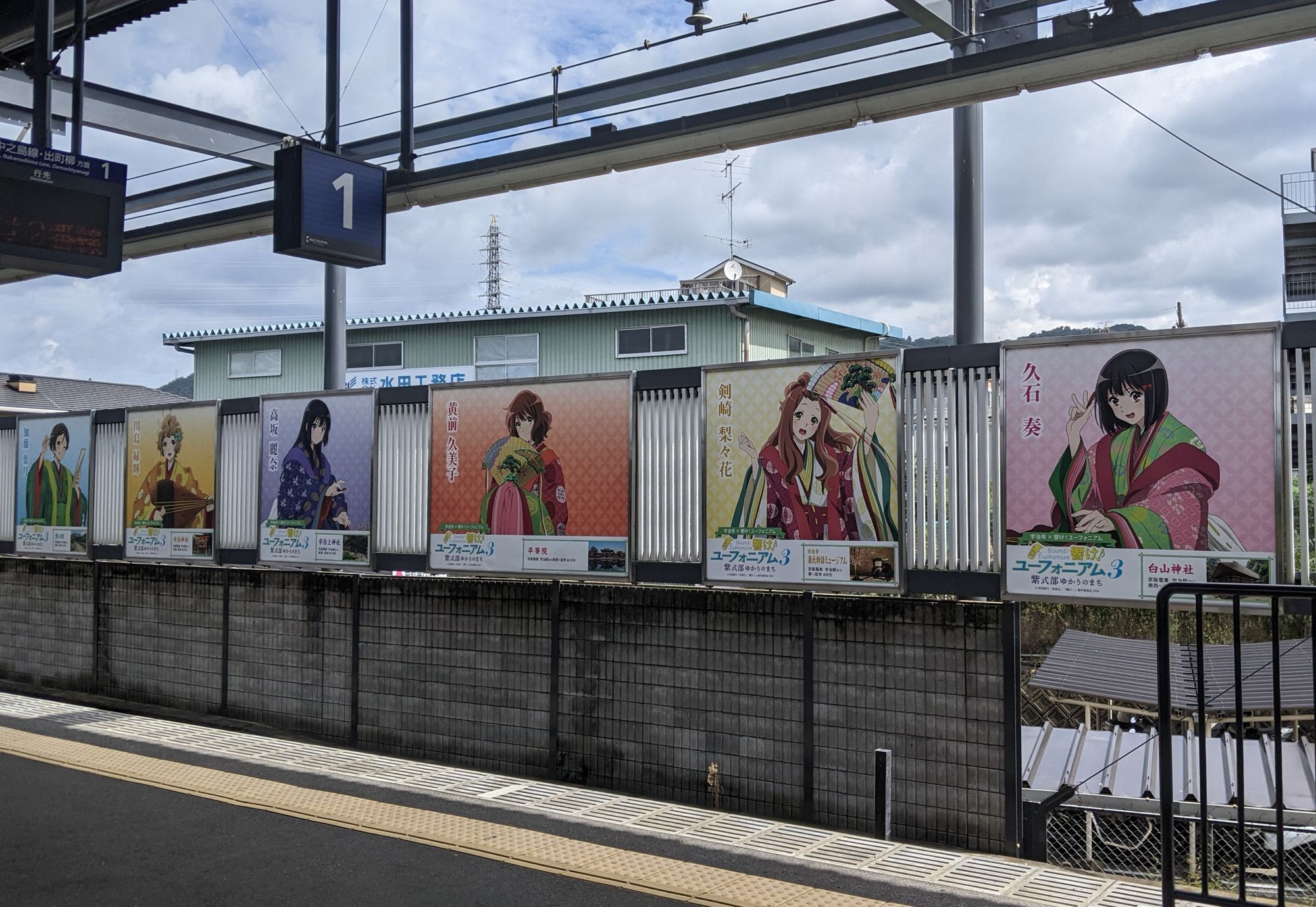 Un quai de gare en avant plan, avec de l'autre côté des rails une rangée de panneaux montrant les principaux personnages de l'anime Hibike Euphonium