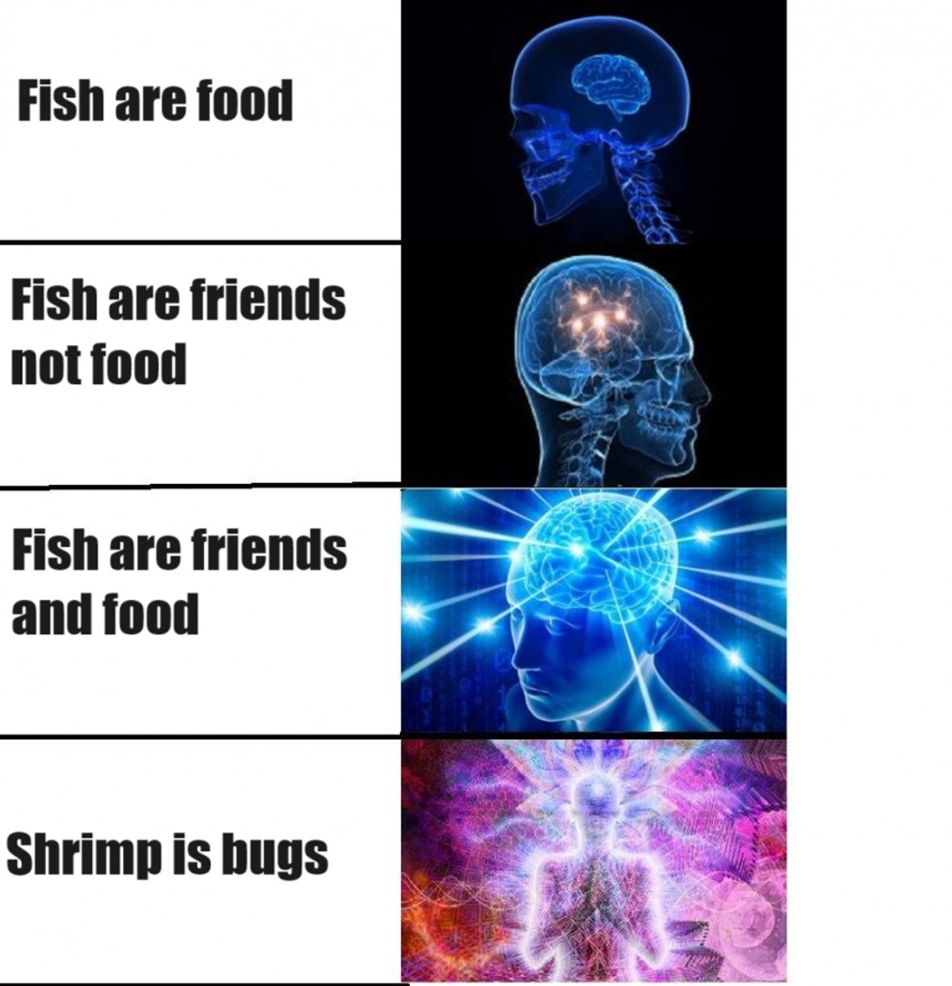 small brain - fish are food
awakening brain - fish are friends not food
awakened brain - fish are friends and food
enlightened being - shrimp is bugs