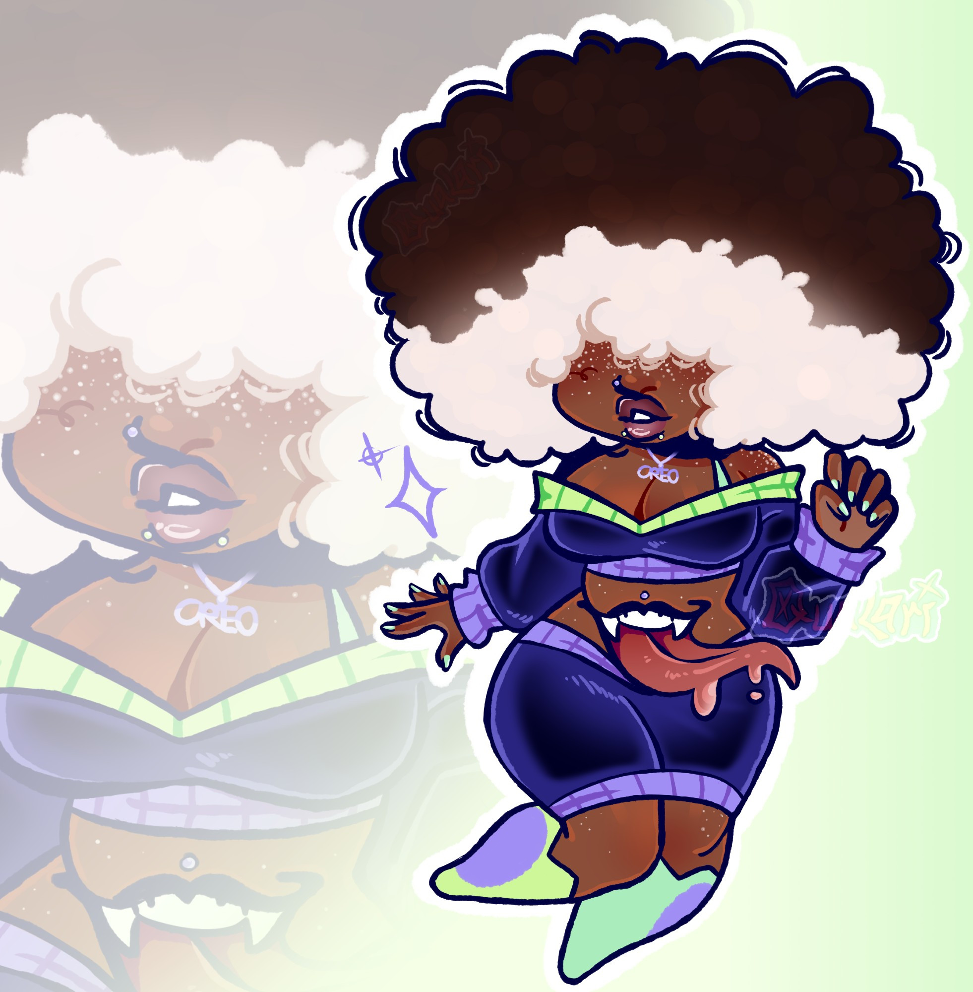 "Oreo" is an amazing artist and one of my good friends! Her sona is a black woman with a big two-toned afro; the top being a dark blackish-brown like the cookie of an Oreo with the underside being a white cream color like the inside of one, as well.
She has white freckles all over her skin, a purple nose stud, big lips with lime green snakebites studs, and lime green nail polish. She has a big mouth on her stomach, sticking out its tongue, with a purple medusa piercing. She's wearing a dark indigo velvet two-piece dress, having purple knit hemming for both-- excluding the top, which has its off-the-shoulder hemming in lime green.
She has a purple necklace that spells out "OREO" and has matching two-toned knee length socks.
Her pose is very elegant and classy.