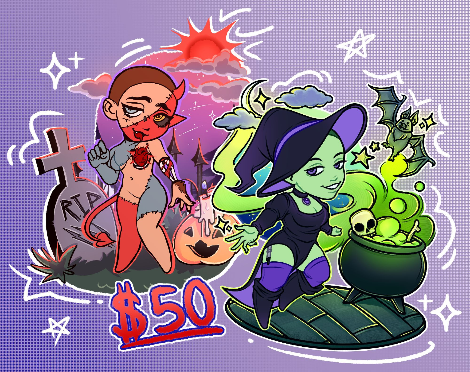 Two types of Your Character Here (YCH) commission showcase. On the left, a Frankenstein-zombie type of creature in a graveyard scene with a red and cloudy moon behind them. On the right, a witch in a scene with a bubbling cauldron spewing bright and neon green smoke with a little bat friend.