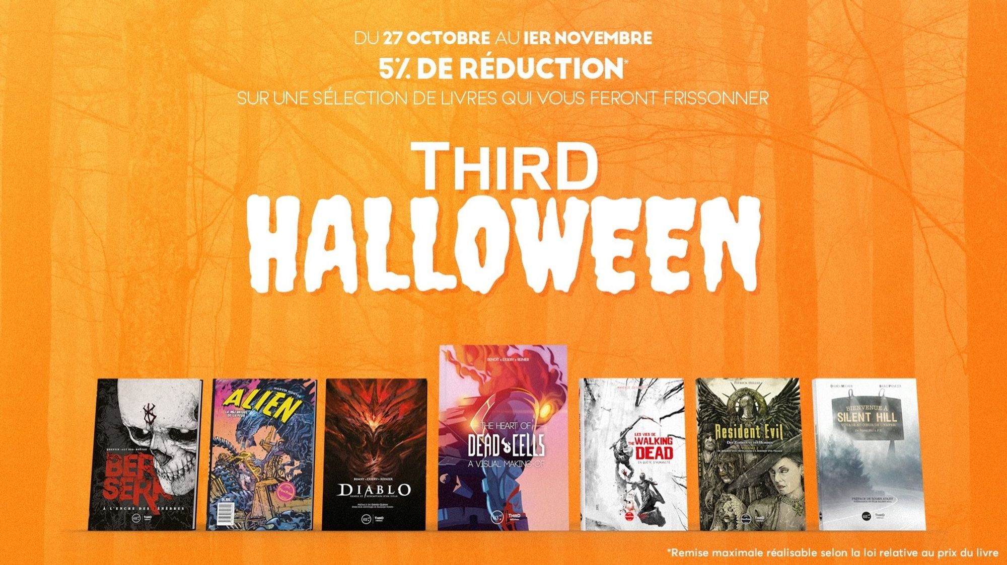 Image promotionnelle de la campagne Third Halloween, mettant en avant certains des ouvrages de la sélection comme "Berserk : À l'encre des ténèbres" ou "Resident Evil : Des Zombies et des Hommes - Volume 2"