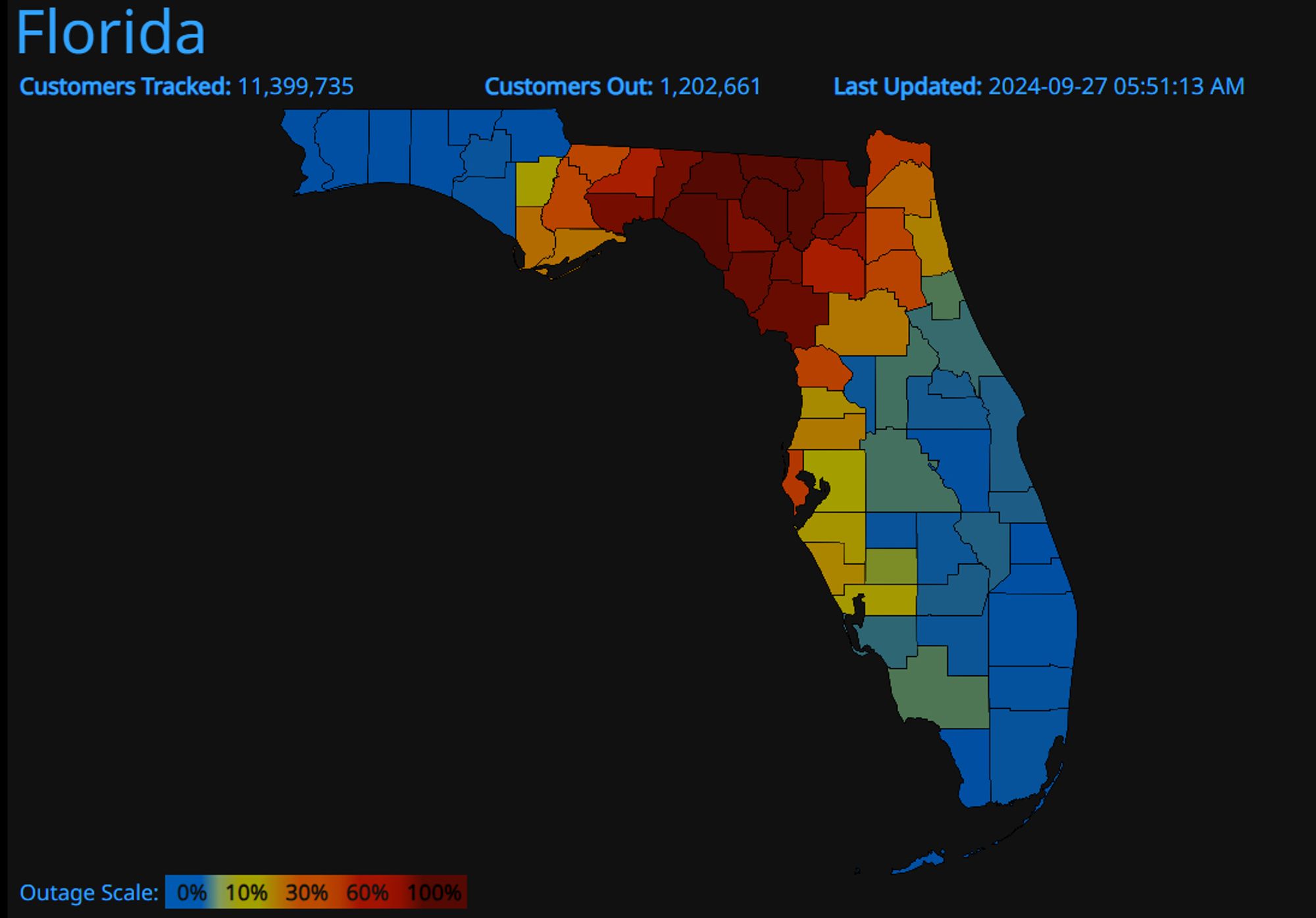 Florida outage map traces the track of Helene