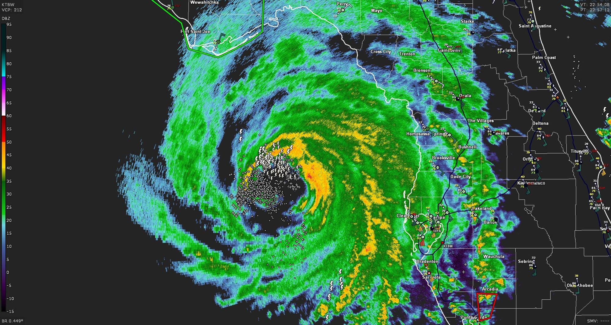 Radar shows lightning in the eyewall of Helene