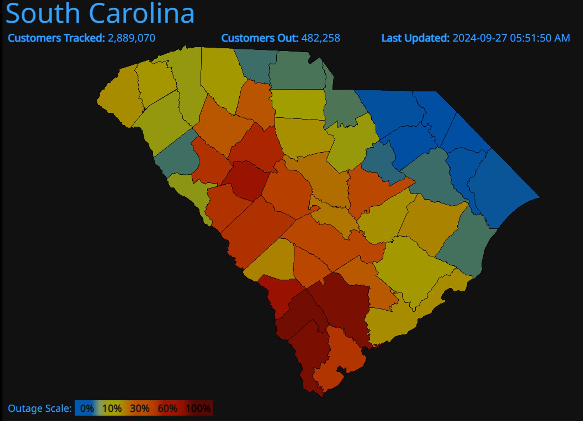 SC outage map traces the track of Helene