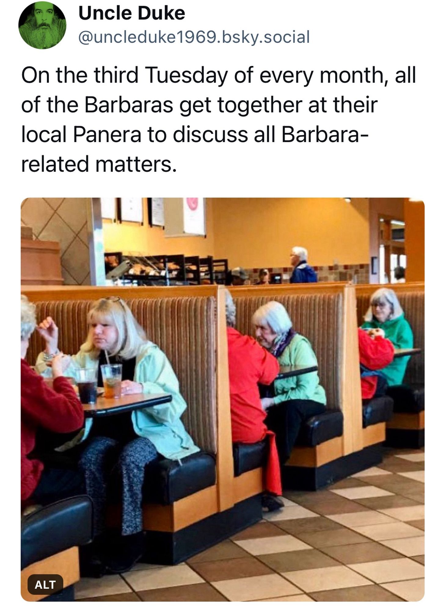 Picture of a cluster of booths at a restaurant. Each booth has an older woman in a mint green to facing generally in the direction of the camera. Each is chatting with another older woman facing generally away from the camera and wearing a red top of sorts. It’s like three timelines from alternate universes all converged in this one restaurant at this specific time.