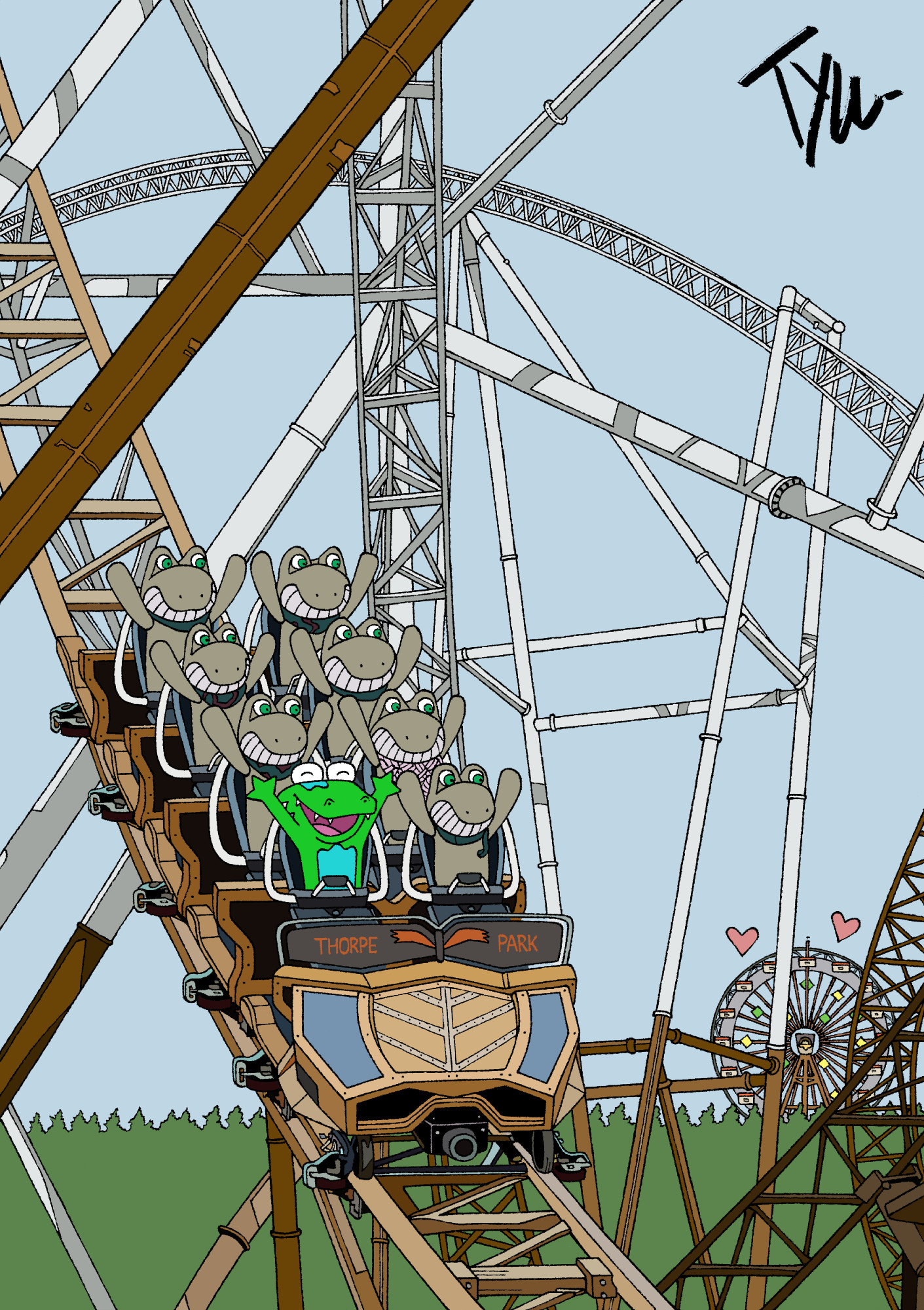 A drawing of the crocodile crew on the first drop of Hyperia at Thorpe Park. Their names are Chomper, Flops, Geoff, Trouser, Jumper, Cody, MamaCrocodile, and Patches.