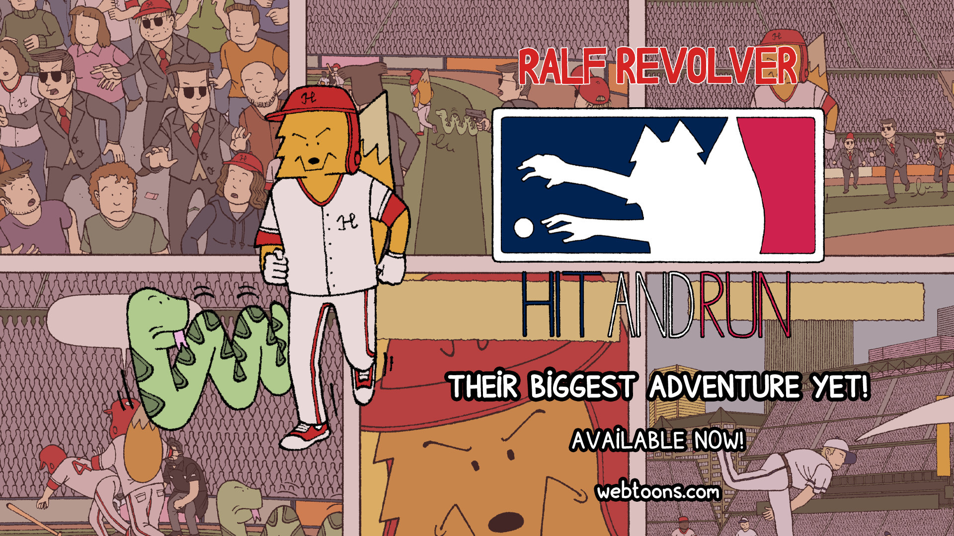 The graphic proclaims: Ralf Revolver: HIT AND RUN – Their biggest adventure yet! Available now! webtoons.com