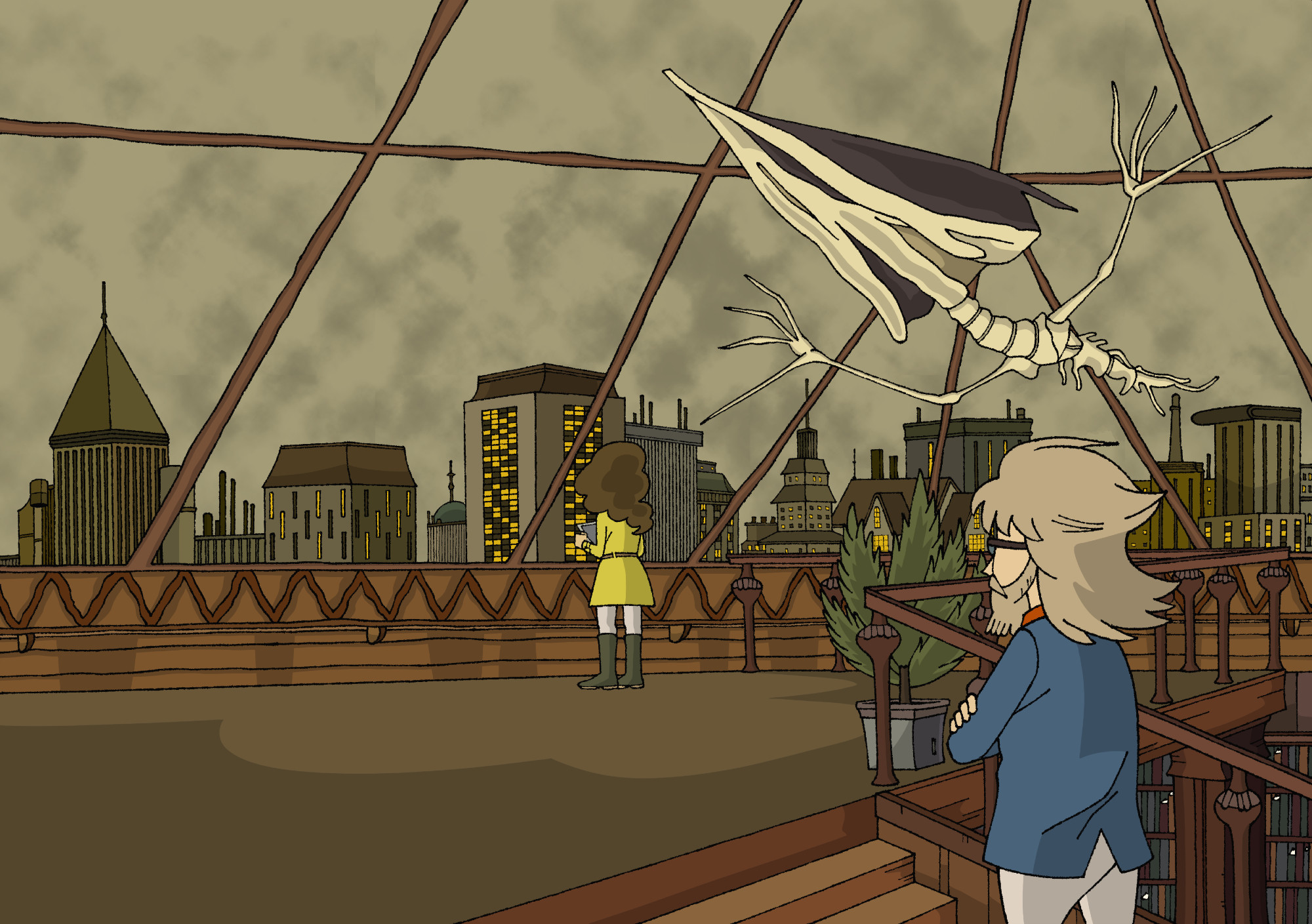 This is a drawing of Emmy and Leon Bronev in Bronev's office in The Nest. Emmy is standing next to the window while looking at a small picture she's holding in her hands. Bronev is watching her from afar. The sky is grey and cloudy, and the huge archaeopteryx skeleton is looming above them.