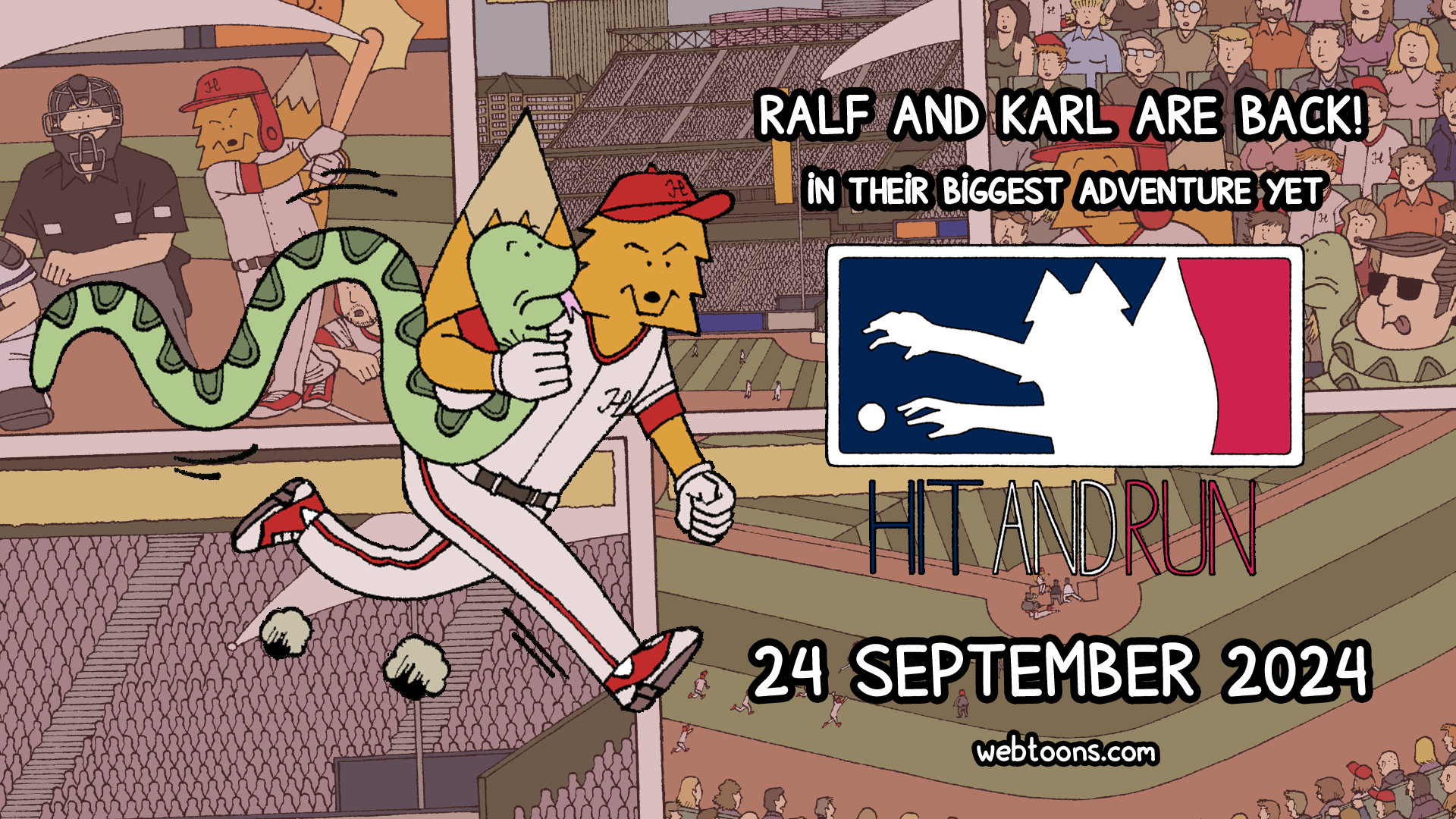 The announcement graphic proclaims: Ralf and Karl are back! In their bigest adventure yet – HIT AND RUN – 24 September 2024 – webtoons.com