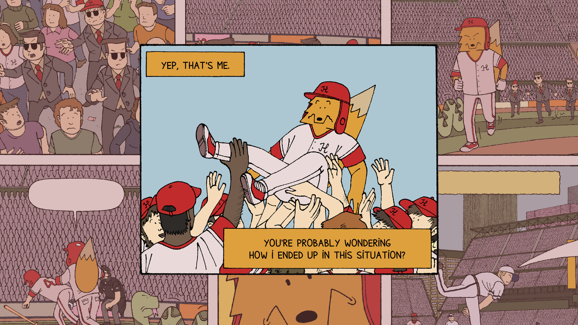 A panel from HIT AND RUN in which Ralf is being celebrated by his teammates. Ralf tells the reader: Yep, that's me. You're probably wondering how I ended up in this situation.