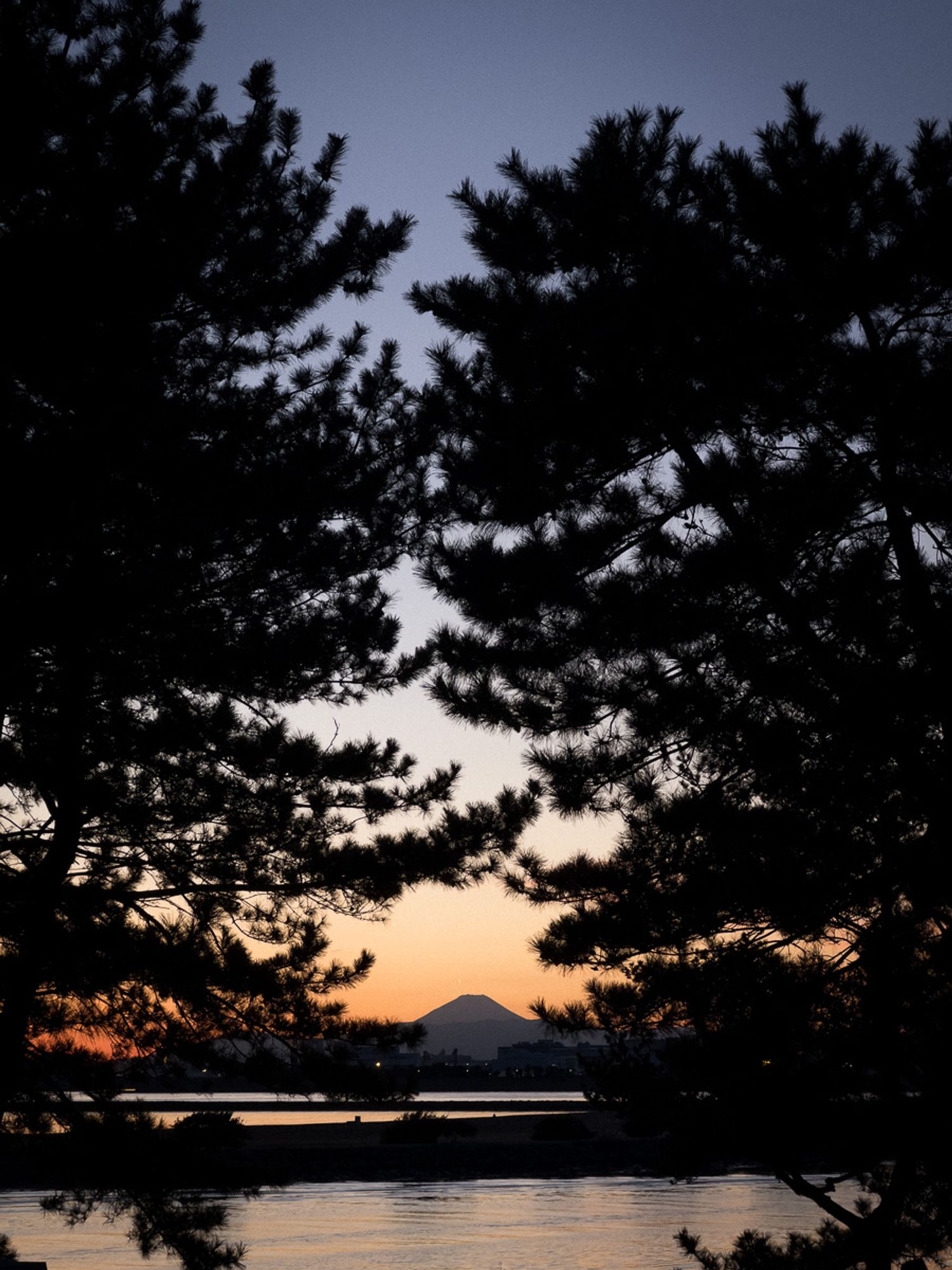 Fuji at sunset from a park in Tokyo.