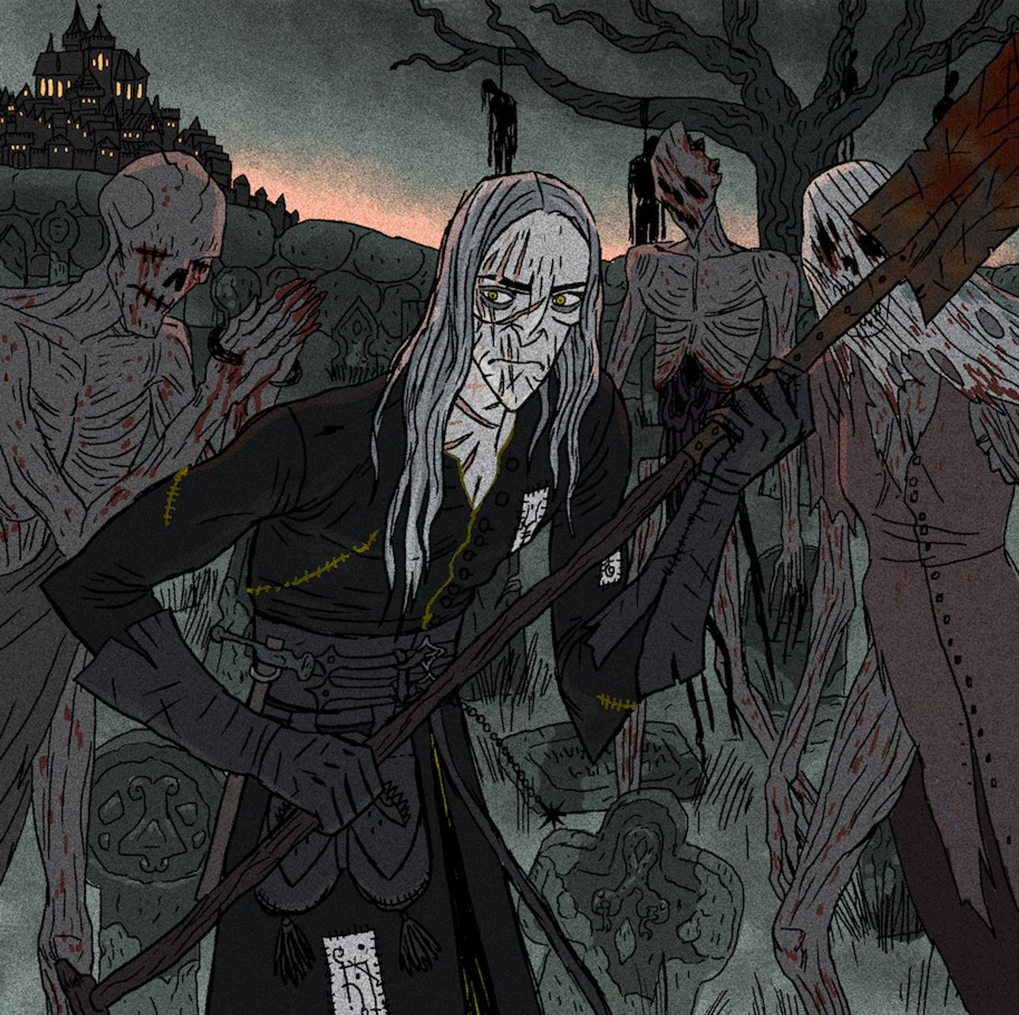 a tall grey-haired man dressed in black and wielding a shovel surrounded by undead. a medieval city and a graveyard can be seen in the background