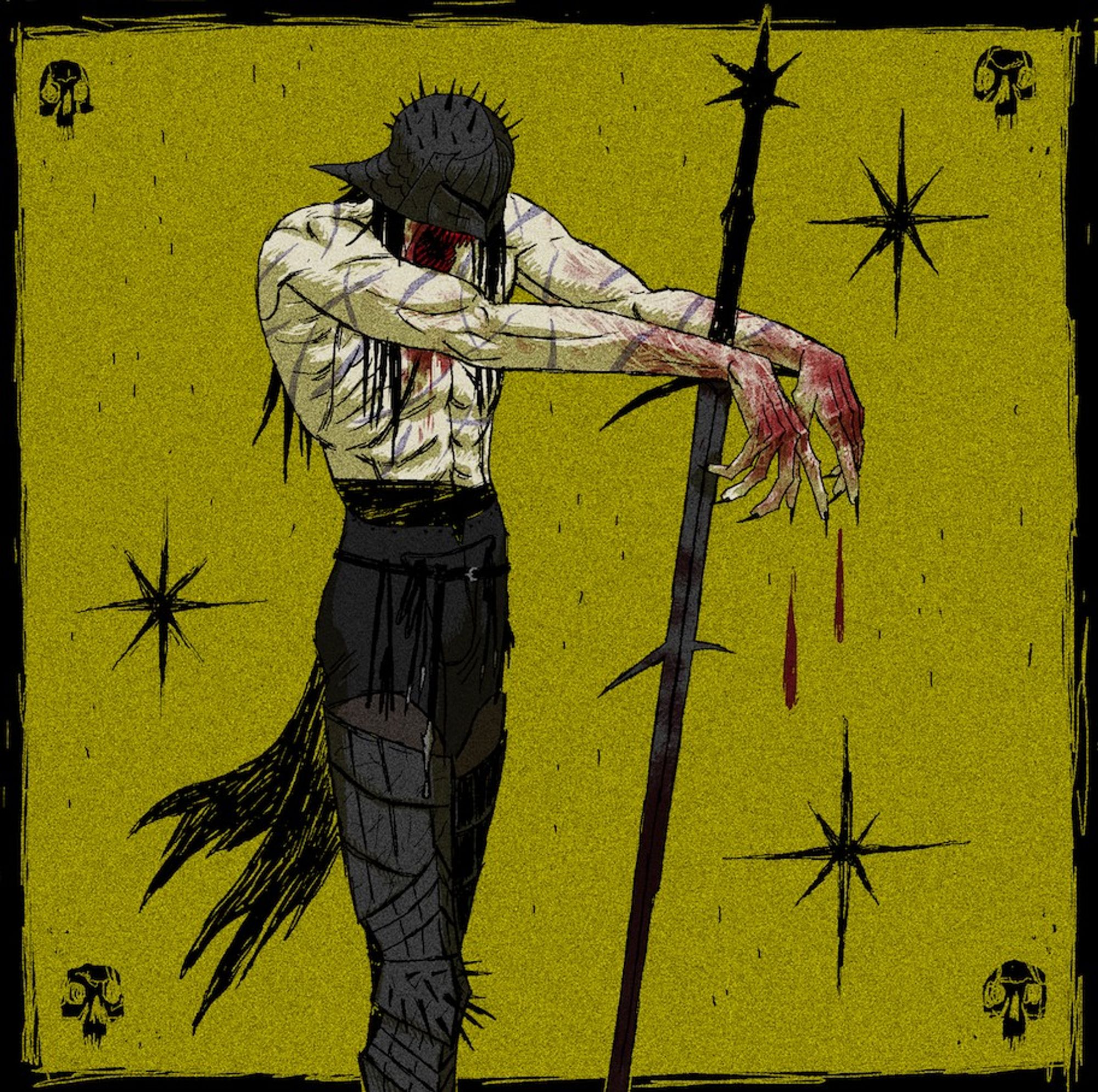 tw: gore. a tall man with long black hair and a sallet helmet leaning on a sword. his mouth is a giant open maw full of bloody, pointy teeth. his hand and knuckles are bloody. the background is plain dark yellow