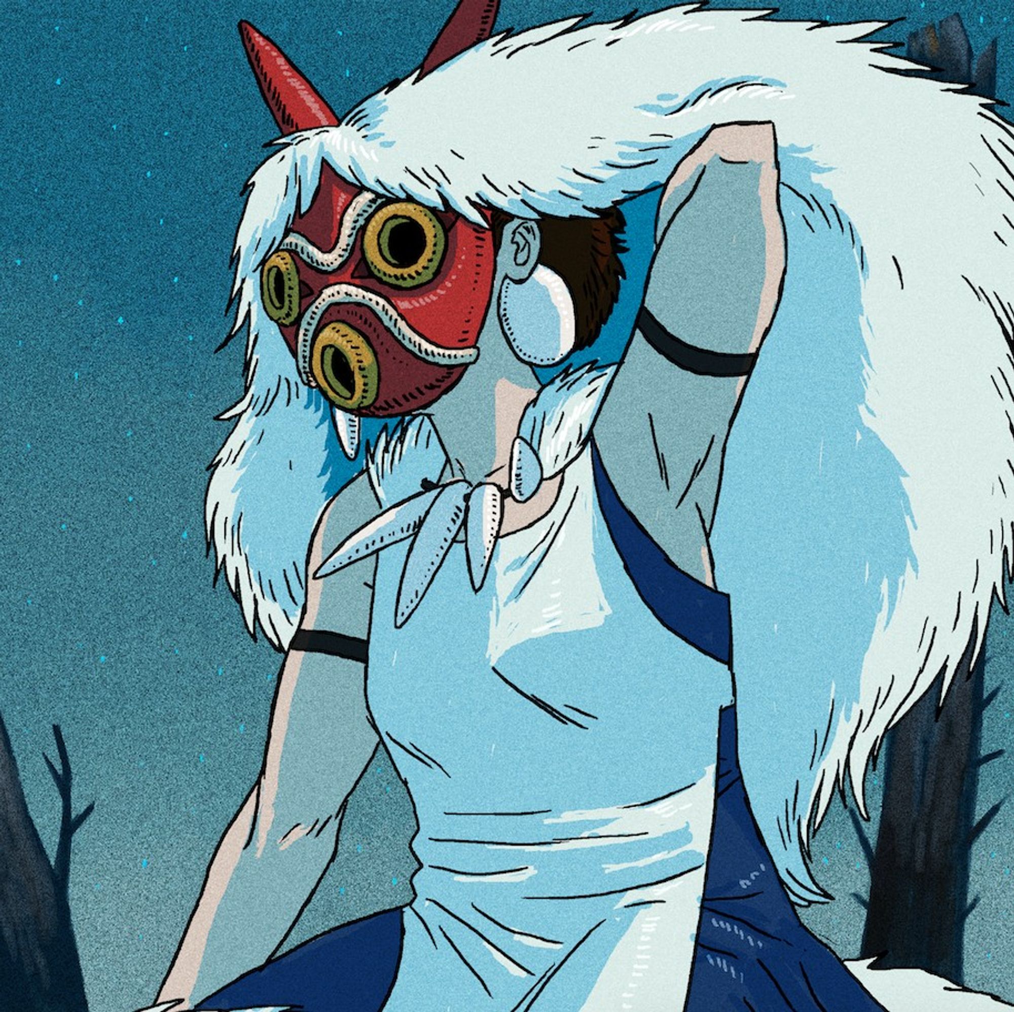 fanart of San from Princess Mononoke. she sits atop a wolf and brushes back her headdress