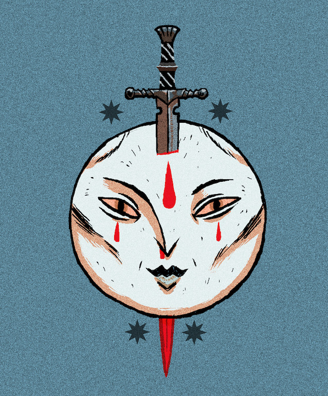 a moon face pierced by a dagger crying blood and smiling serenely